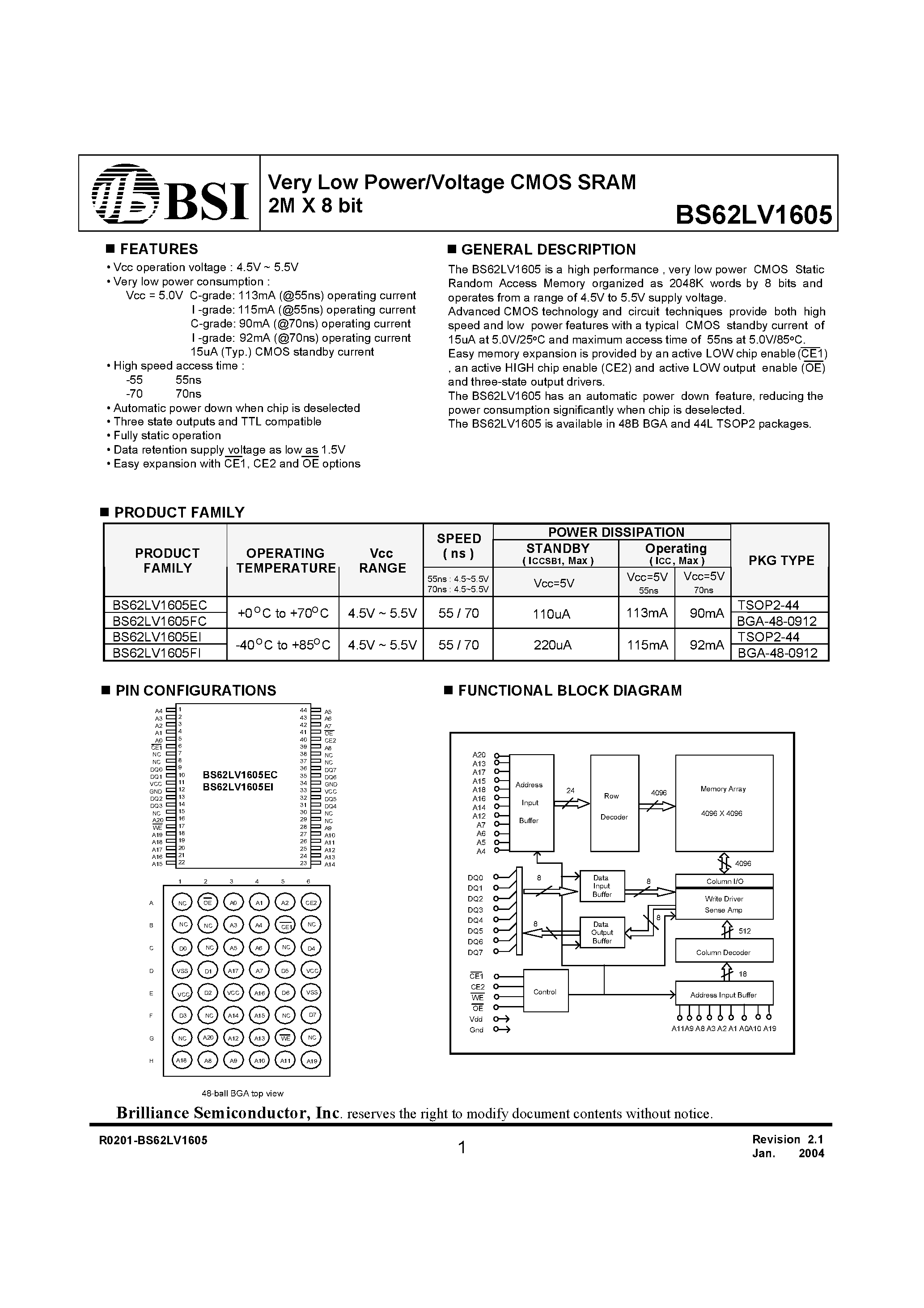 Даташит BS62LV1605 - Very Low Power/Voltage CMOS SRAM 2M X 8 bit страница 1