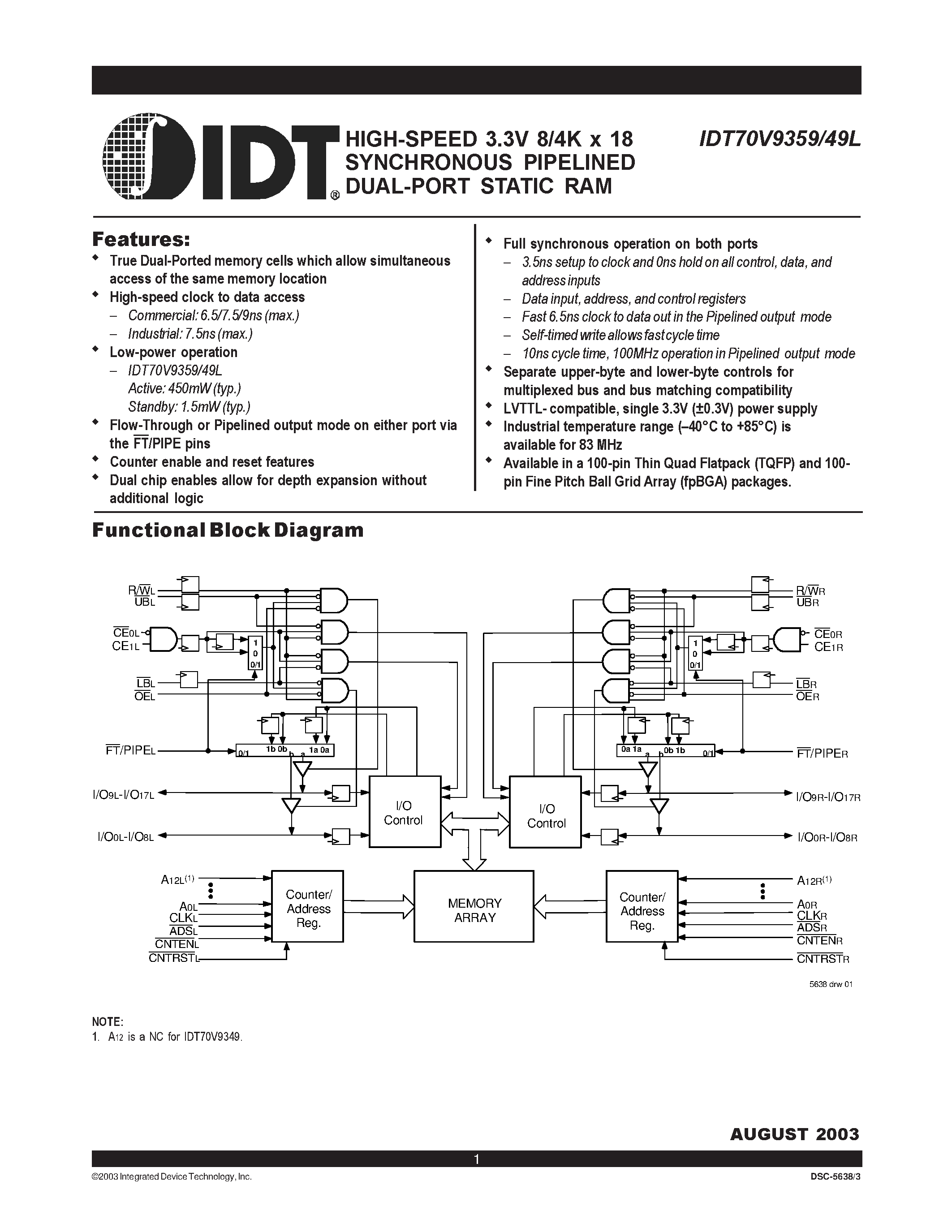 Datasheet IDT70V9359 - HIGH-SPEED 3.3V 8/4K x 18 SYNCHRONOUS PIPELINED DUAL-PORT STATIC RAM page 1