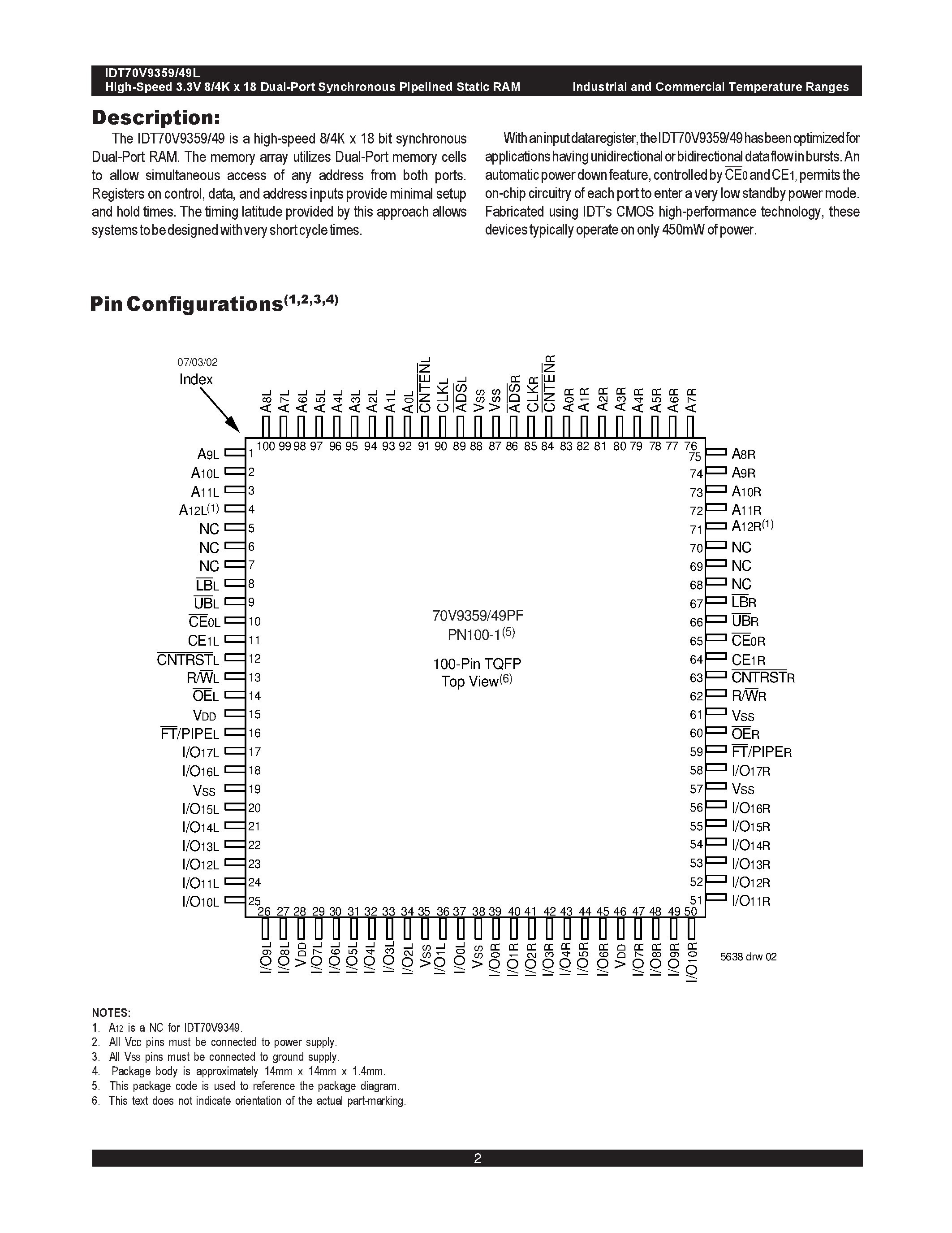 Datasheet IDT70V9359 - HIGH-SPEED 3.3V 8/4K x 18 SYNCHRONOUS PIPELINED DUAL-PORT STATIC RAM page 2