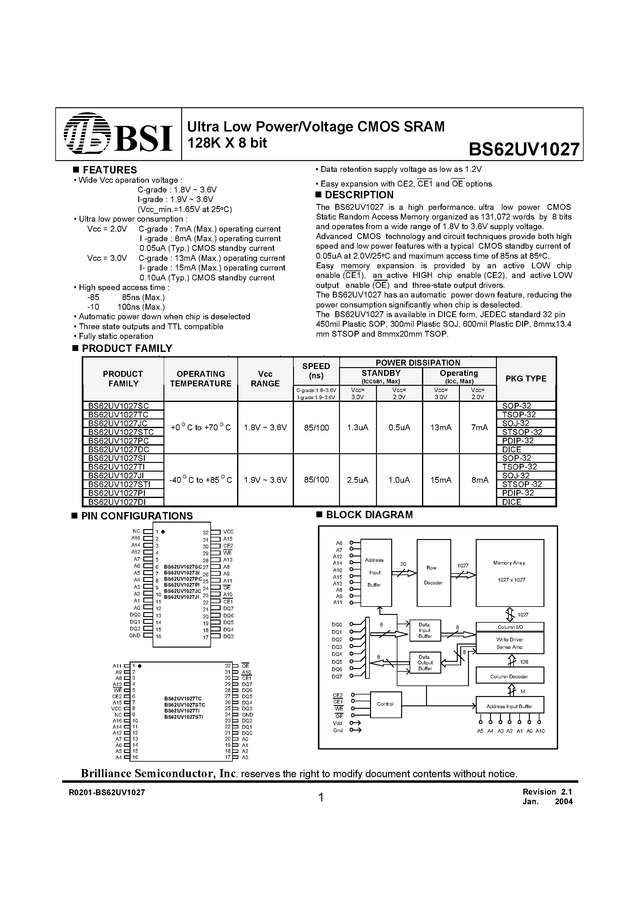 Даташит на микросхему BS62UV1027 страница 1 Даташит BS62UV1027 - Ultra Low Power/Voltage CMOS SRAM 128K X 8 bit страница 1