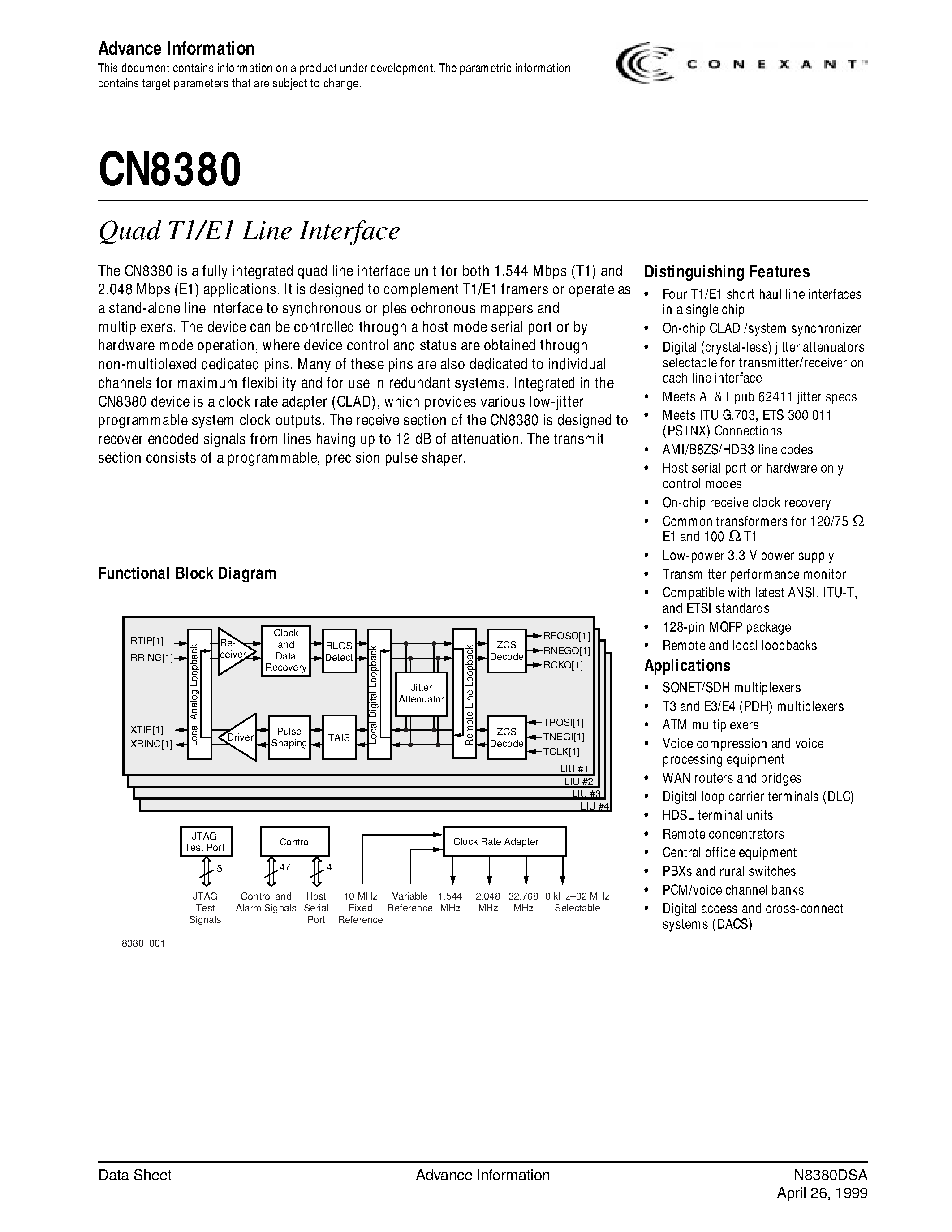 Даташит CN8380 - integrated quad line interface unit unit for both 1.544 Mbps (T1) and 2.048 Mbps (E1) applications страница 1