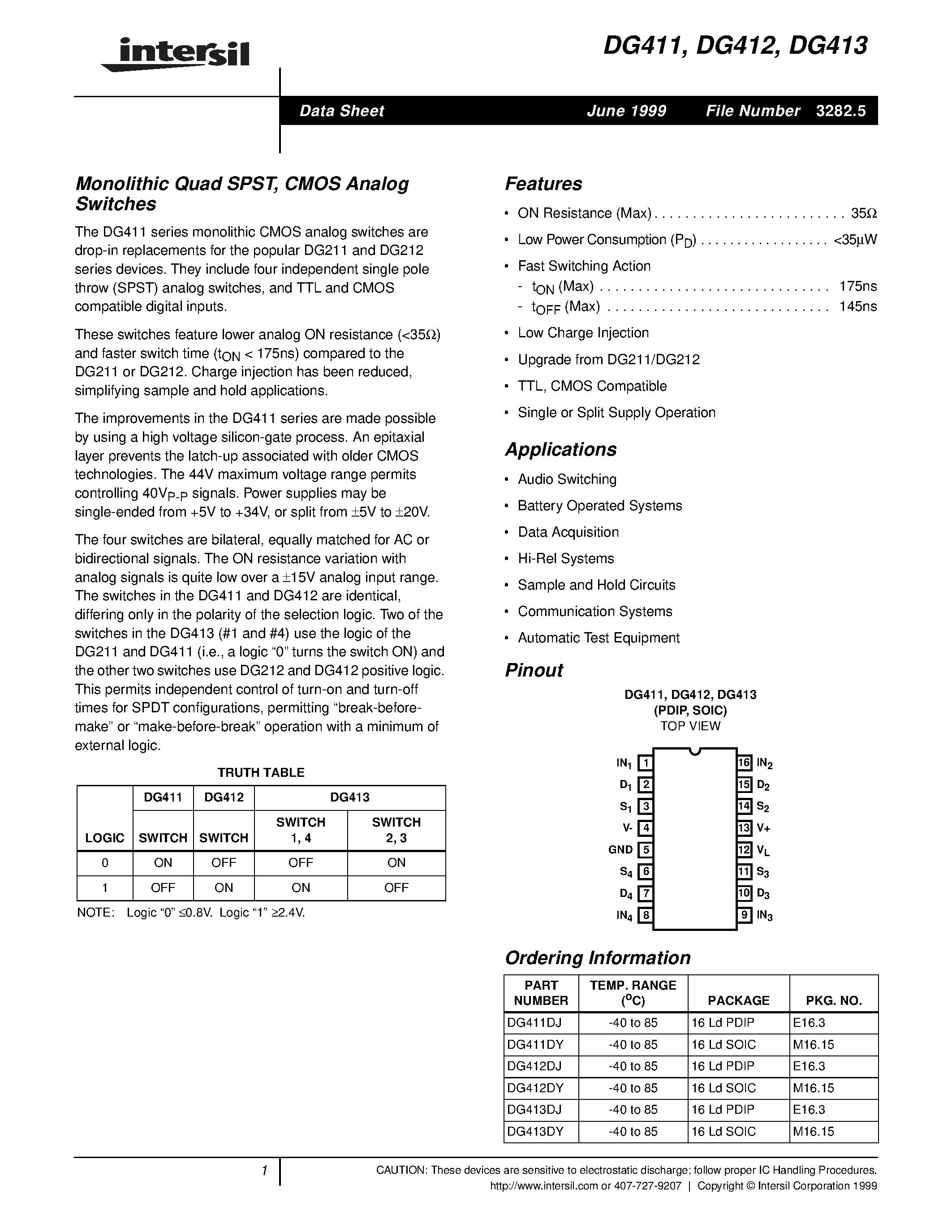 Даташит DG411 - Monolithic Quad SPST / CMOS Analog Switches страница 1