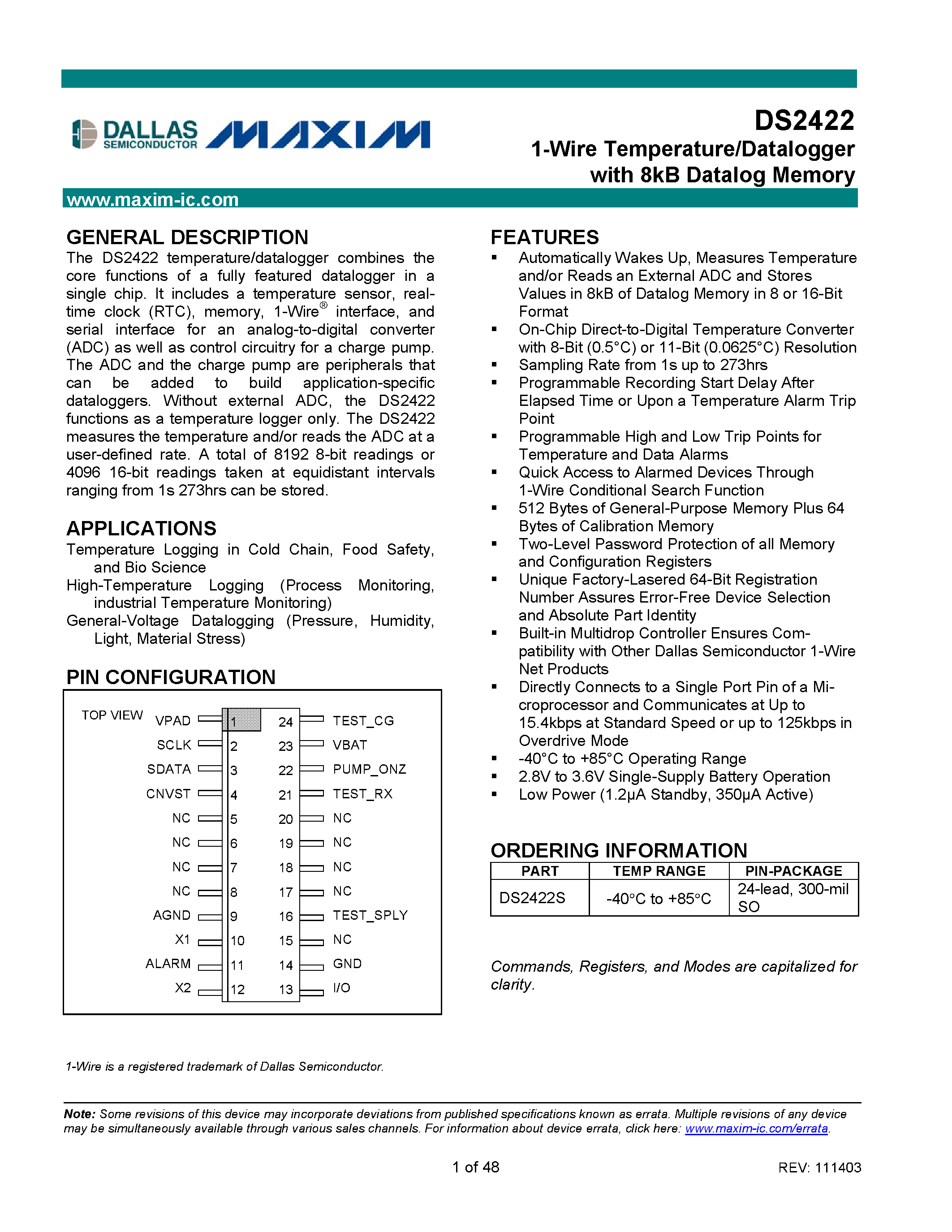 Даташит на микросхему DS2422 страница 1 Даташит DS2422 - 1-Wire Temperature/Datalogger with 8kB Datalog Memory страница 1