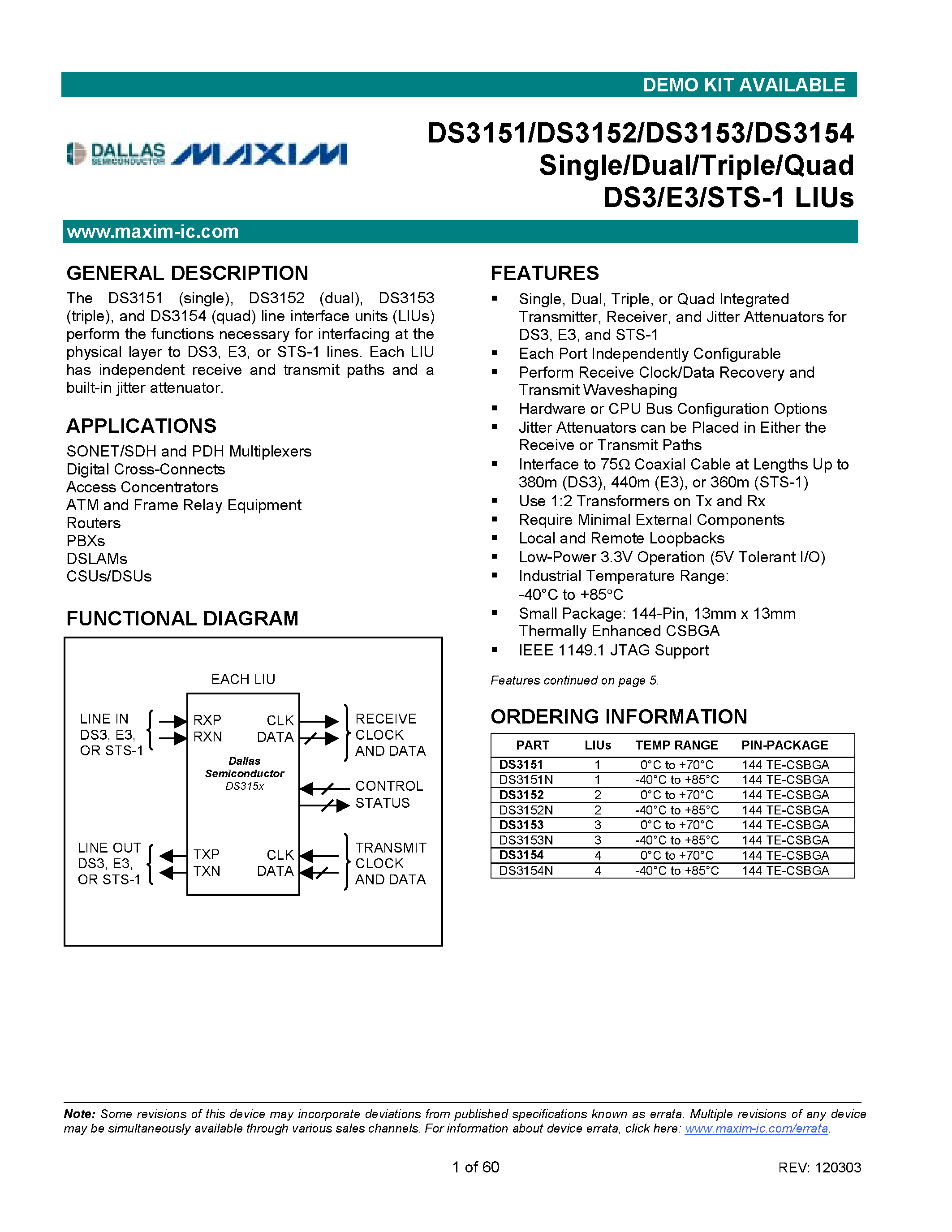 Даташит DS3154 - Single/Dual/Triple/Quad DS3/E3/STS-1 LIUs страница 1
