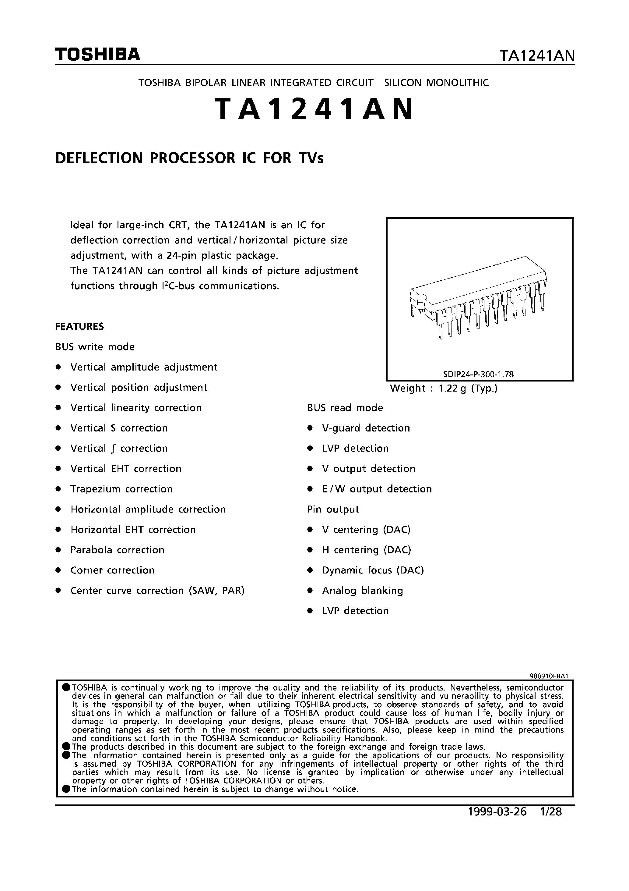 Datasheet TA1241AN - DEFLECTION PROCESSOR IC FOR TVs page 1