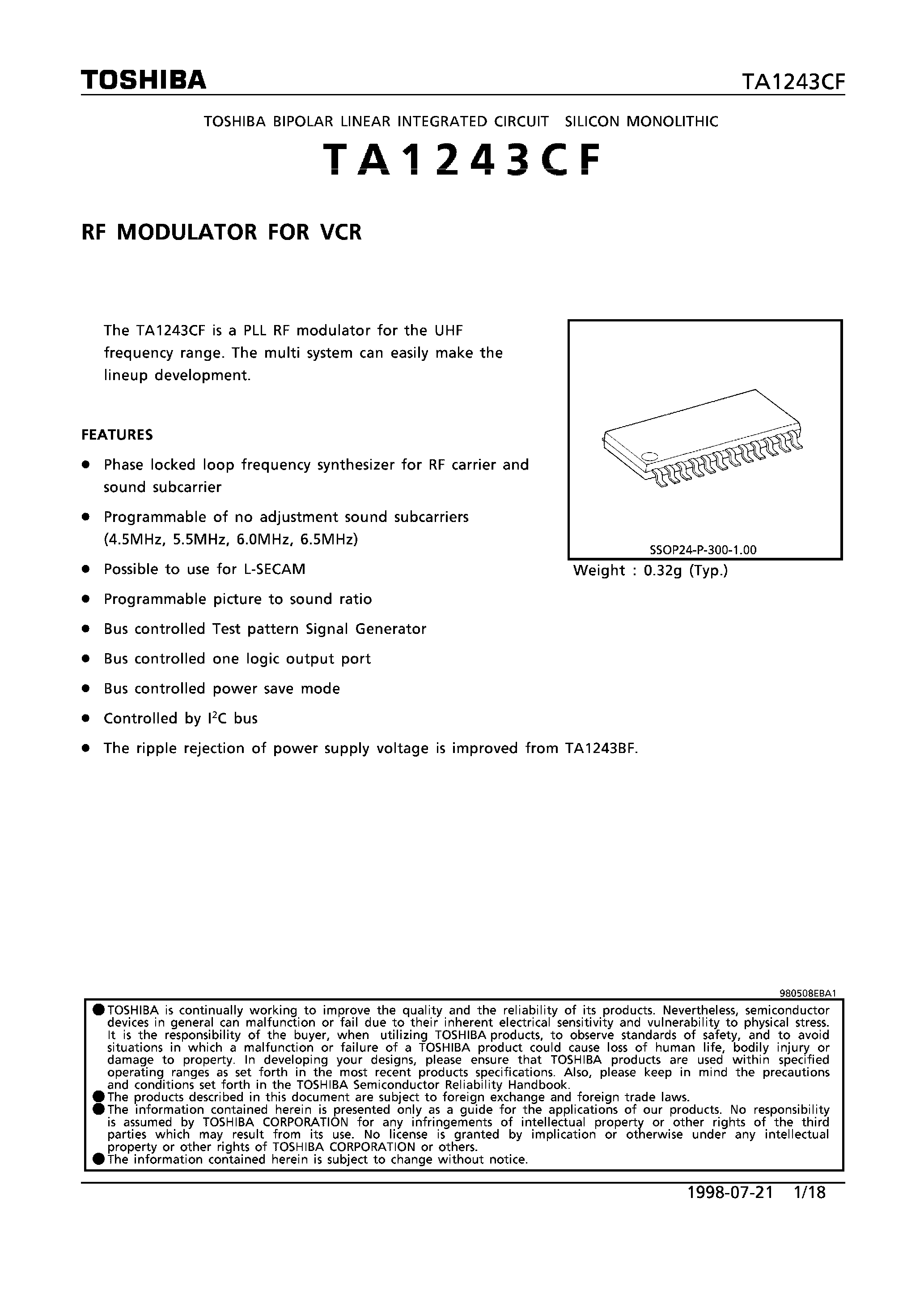 Даташит на микросхему TA1243CF страница 1 Даташит TA1243CF - RF MODULATOR FOR VCR страница 1