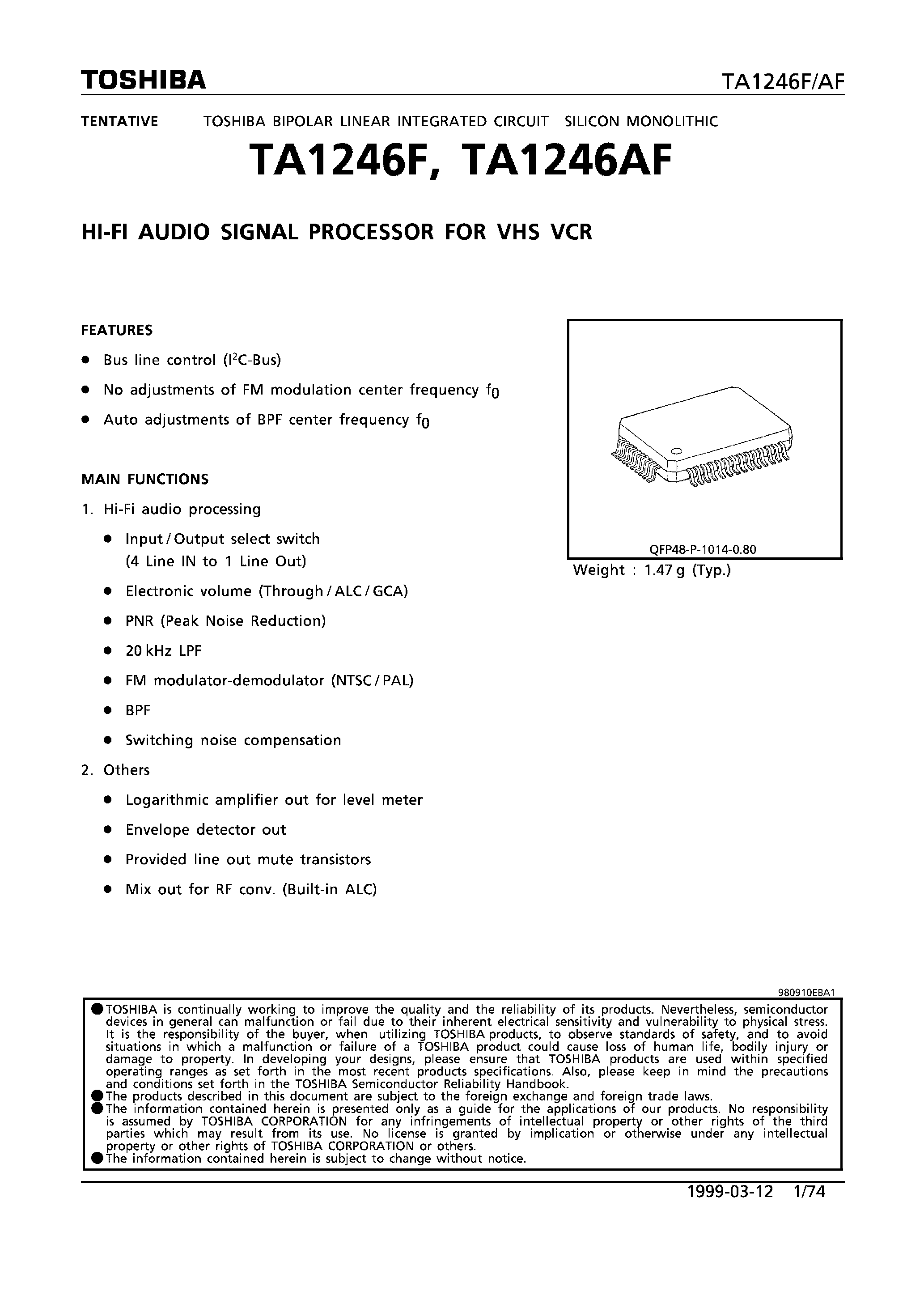 Даташит TA1246 - HI-FI AUDIO SIGNAL PROCESSOR FOR VHS VCR страница 1