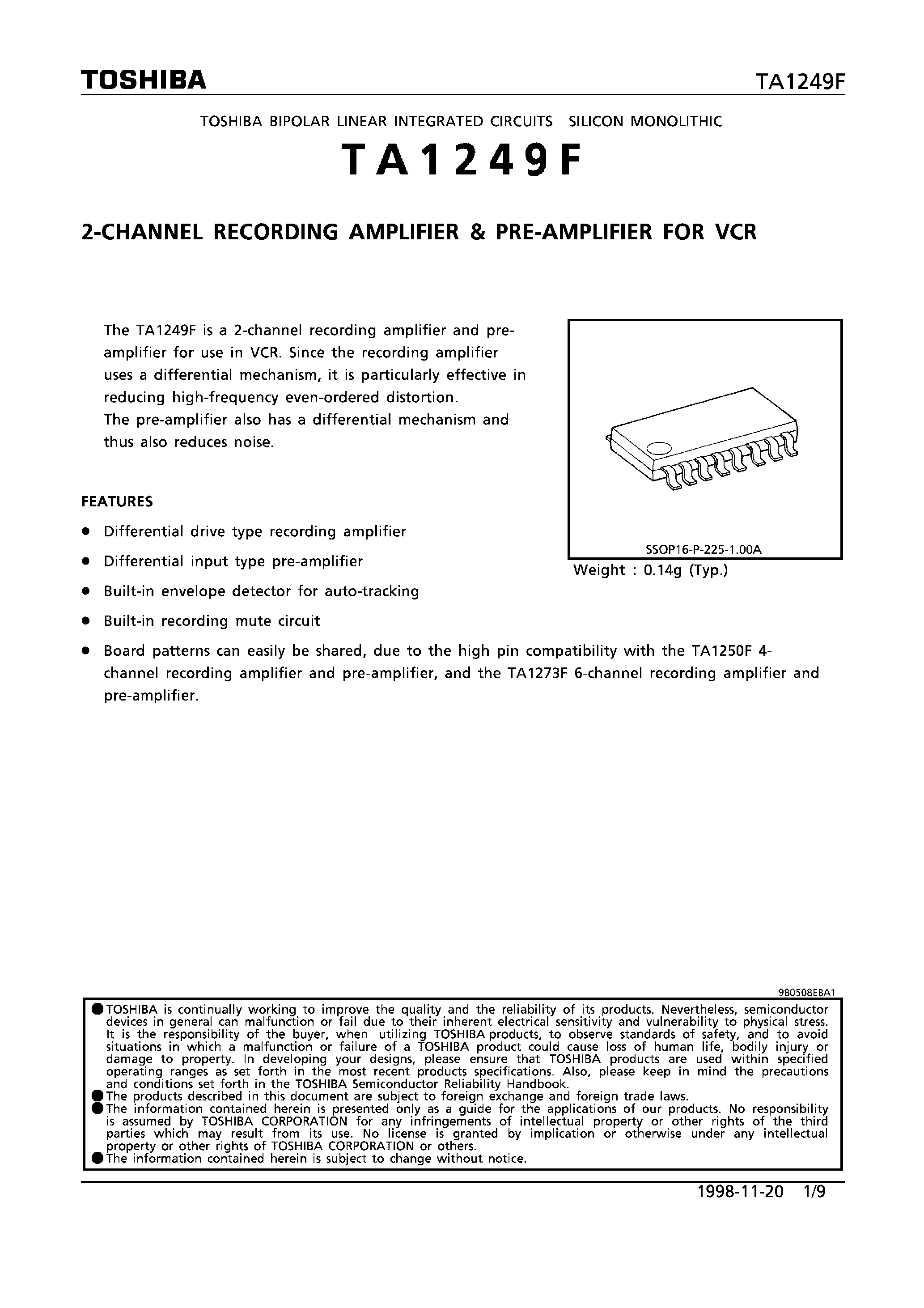 Datasheet TA1249F - 2-CHANNEL RECORDING AMPLIFIER & PRE-AMPLIFIER FOR VCR page 1
