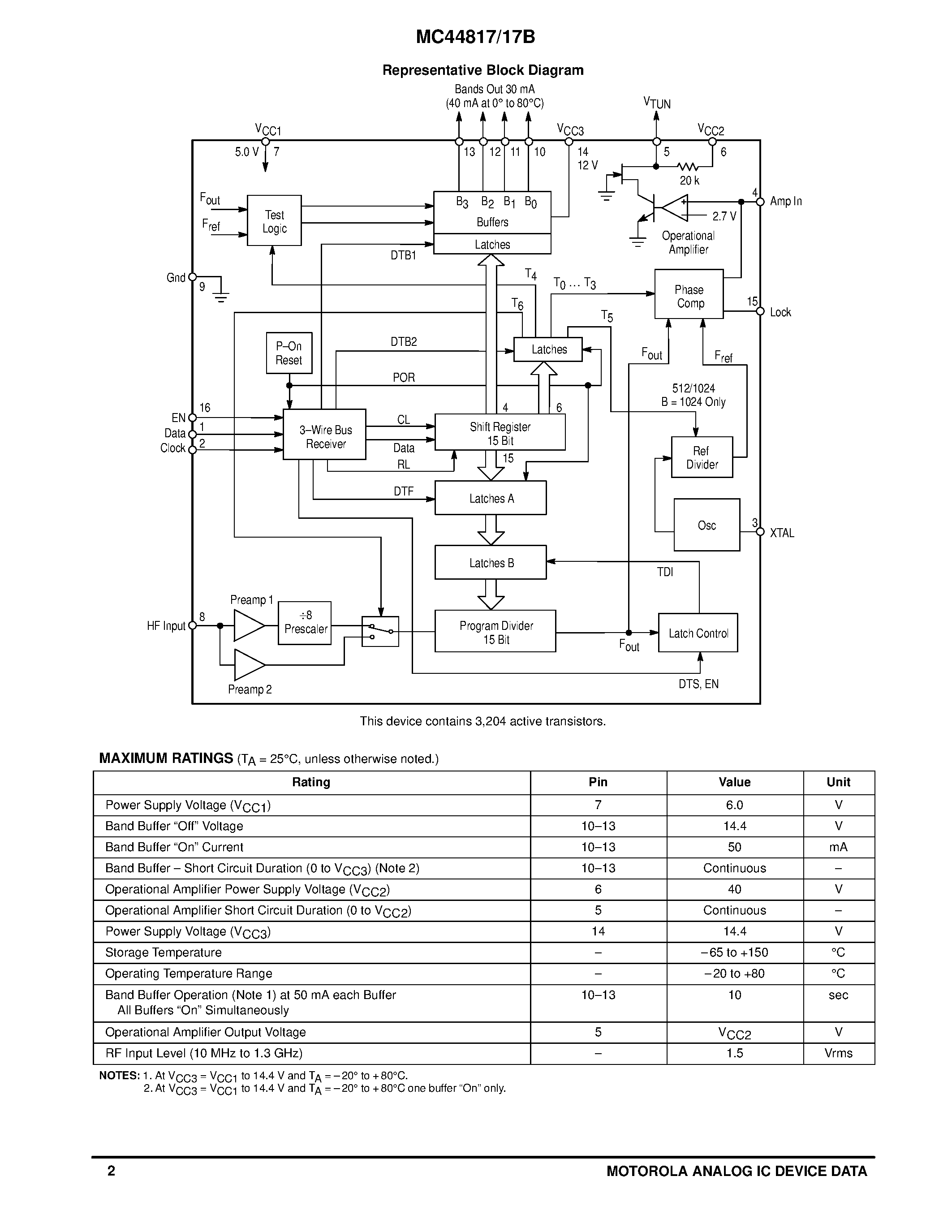 Даташит на микросхему MC44817B страница 2 Даташит MC44817B - TV AND VCR PLL TUNING CIRCUITS WITH 1.3 GHz PRESCALER AND 3-WIRE BUS страница 2