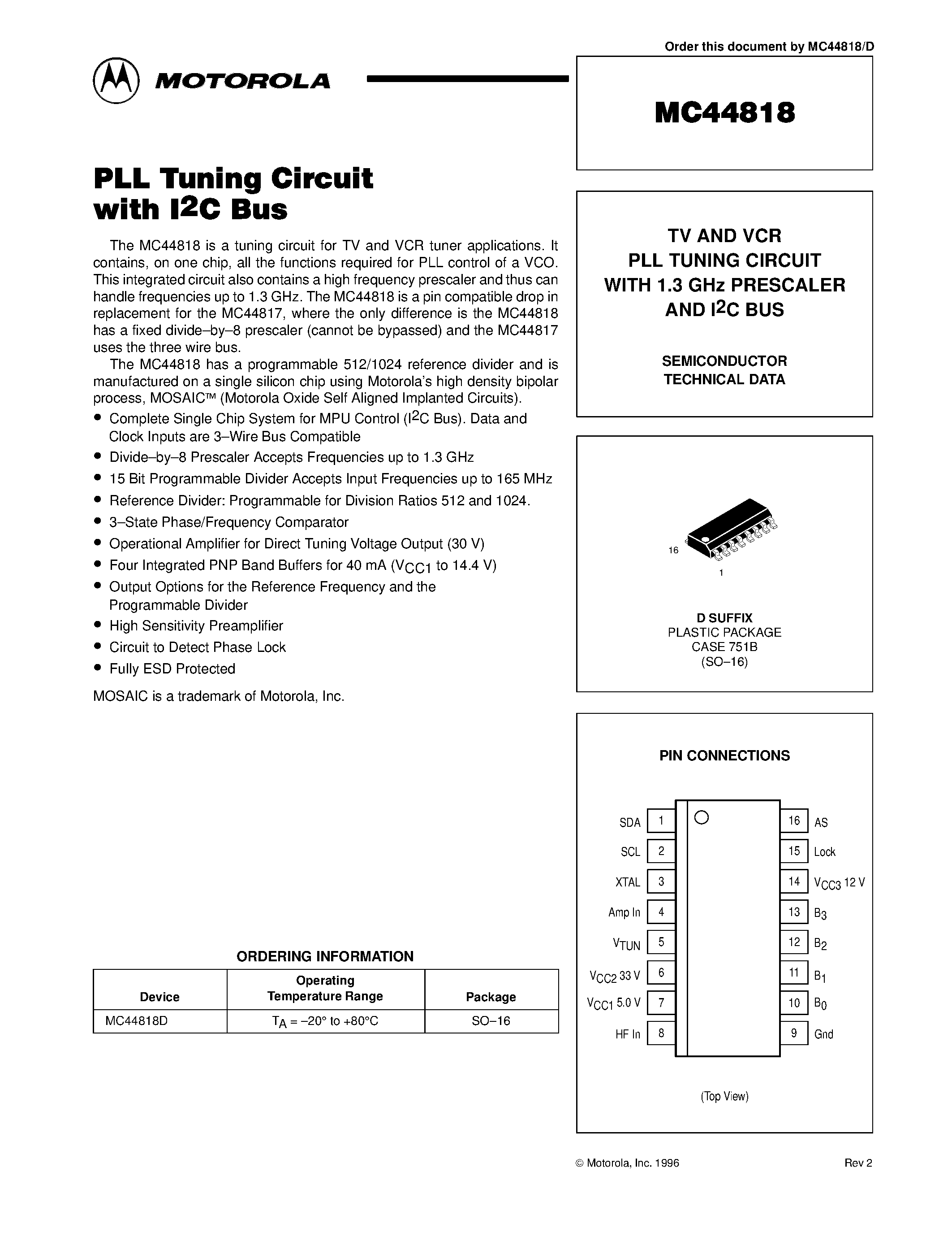 Даташит MC44818 - TV AND VCR PLL TUNING CIRCUIT WITH 1.3 GHz PRESCALER AND I2C BUS страница 1