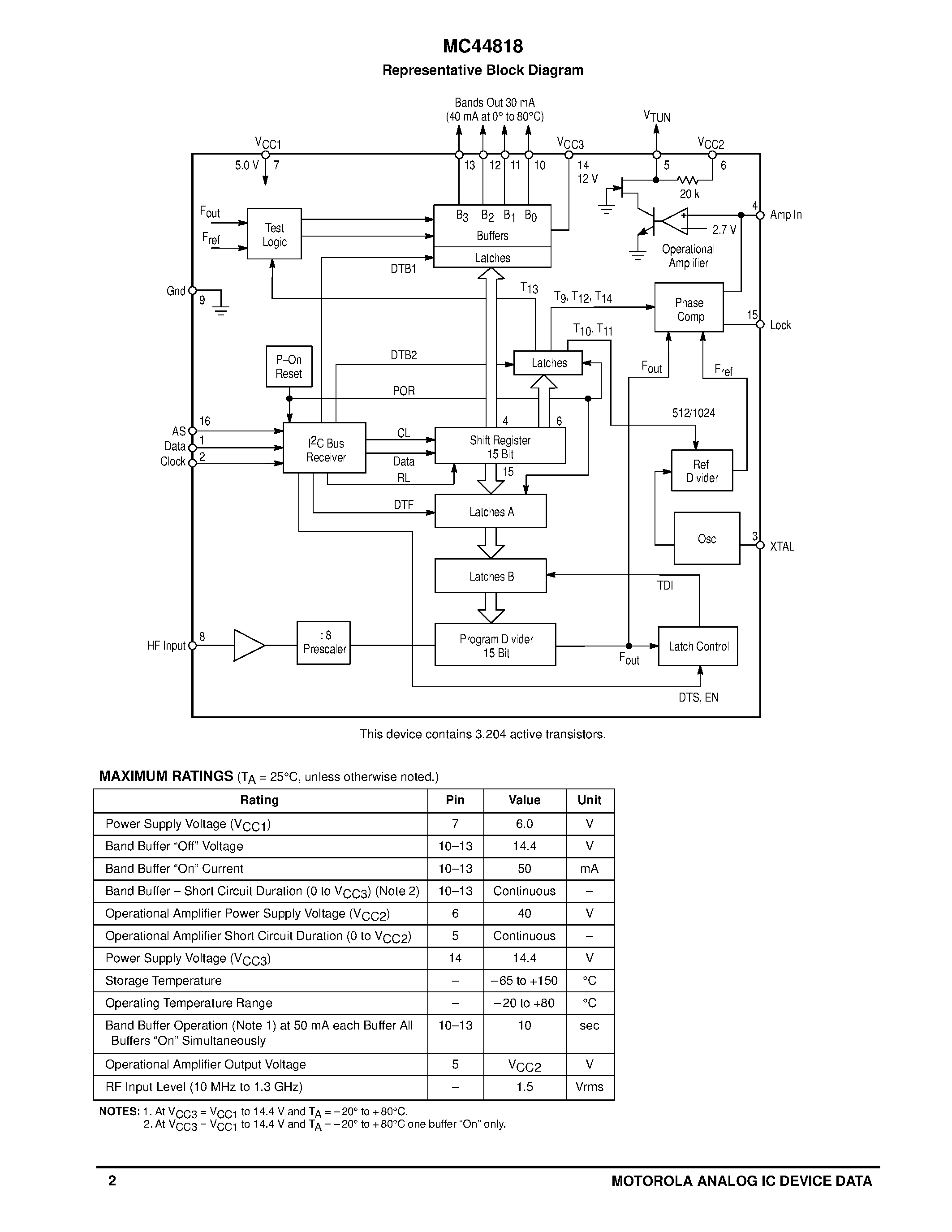 Даташит MC44818 - TV AND VCR PLL TUNING CIRCUIT WITH 1.3 GHz PRESCALER AND I2C BUS страница 2