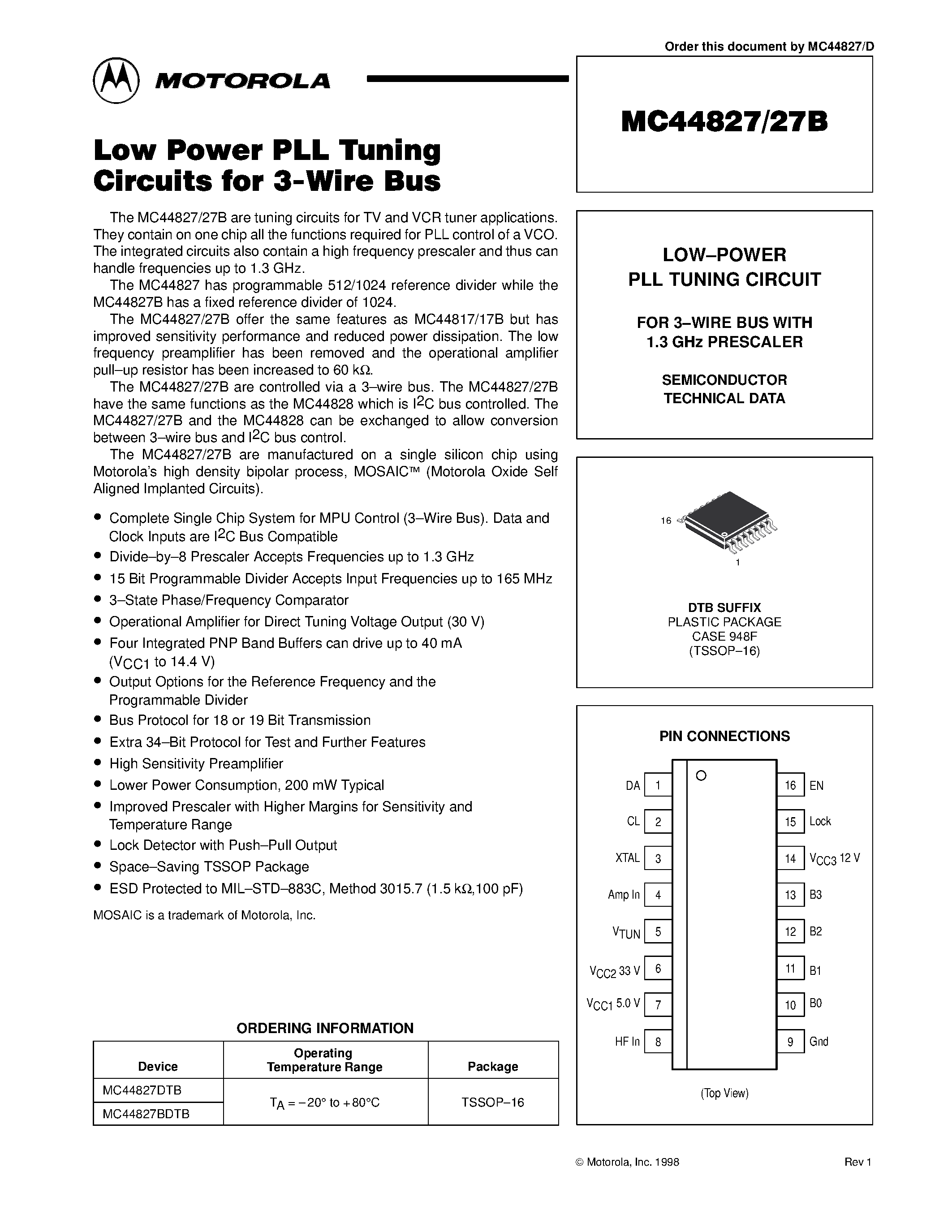Даташит на микросхему MC44827 страница 1 Даташит MC44827 - LOW-POWER PLL TUNING CIRCUIT страница 1