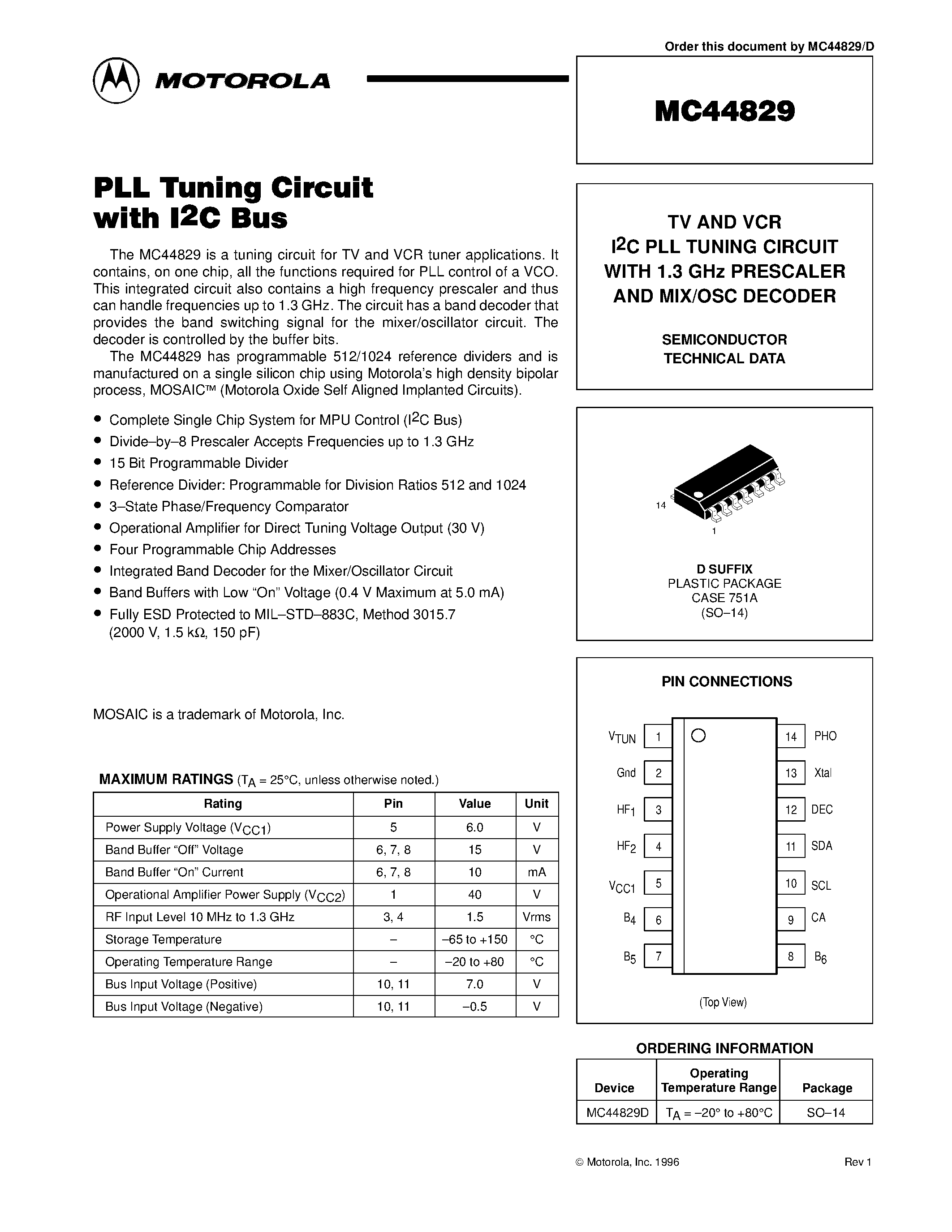 Даташит MC44829 - TV AND VCR I2C PLL TUNING CIRCUIT WITH 1.3 GHz PRESCALER AND MIX/OSC DECODER страница 1