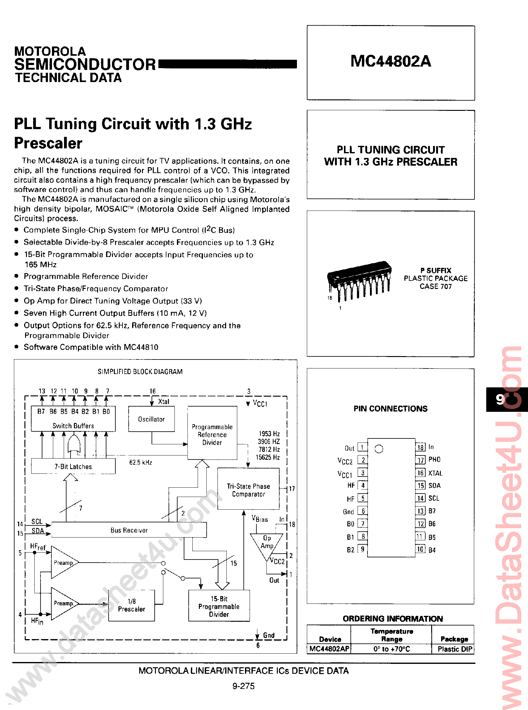 Даташит MC44802A - PLL Tuning Circuit with 1.3 GHz Prescaler страница 1