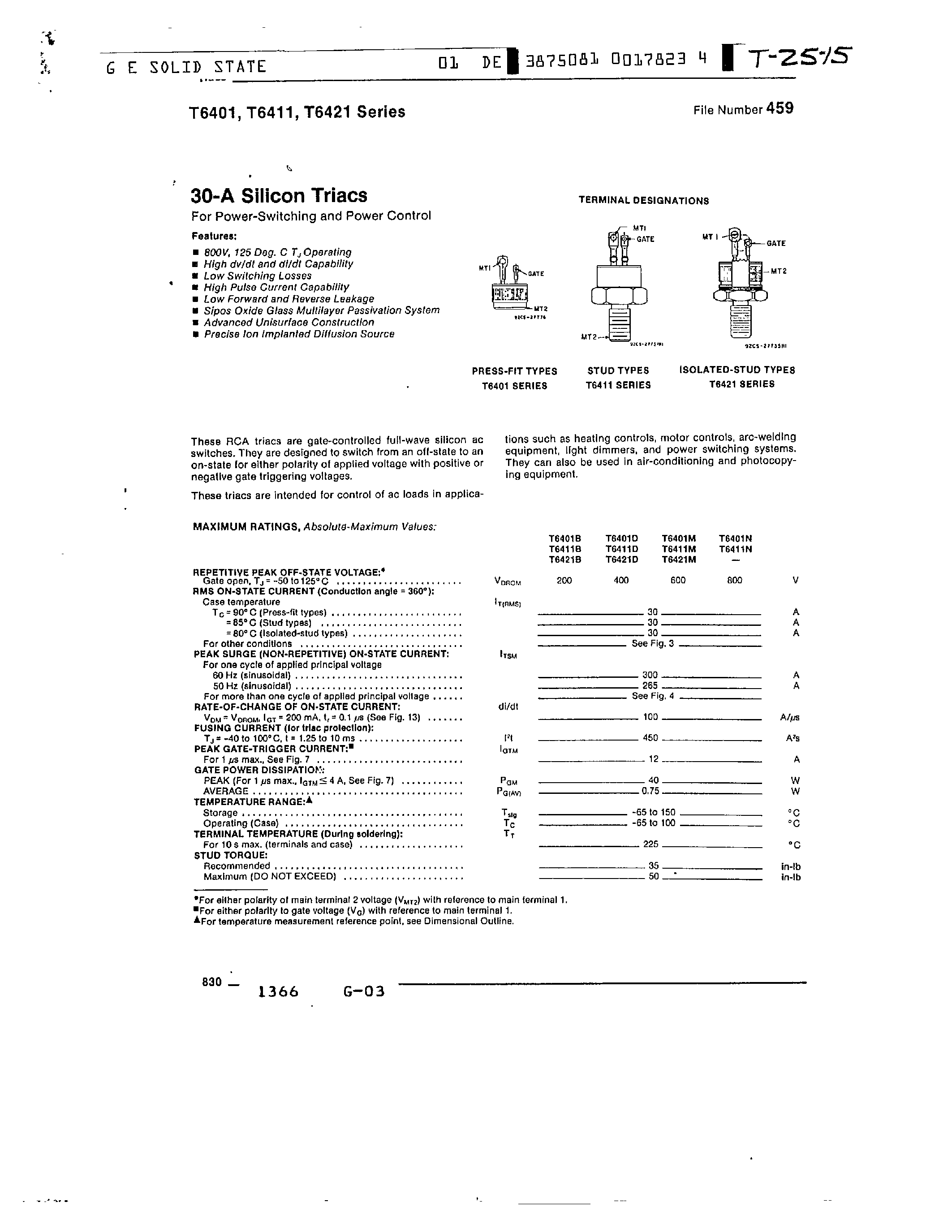 Datasheet T6411 - 30-A SILICON TRIACS page 1