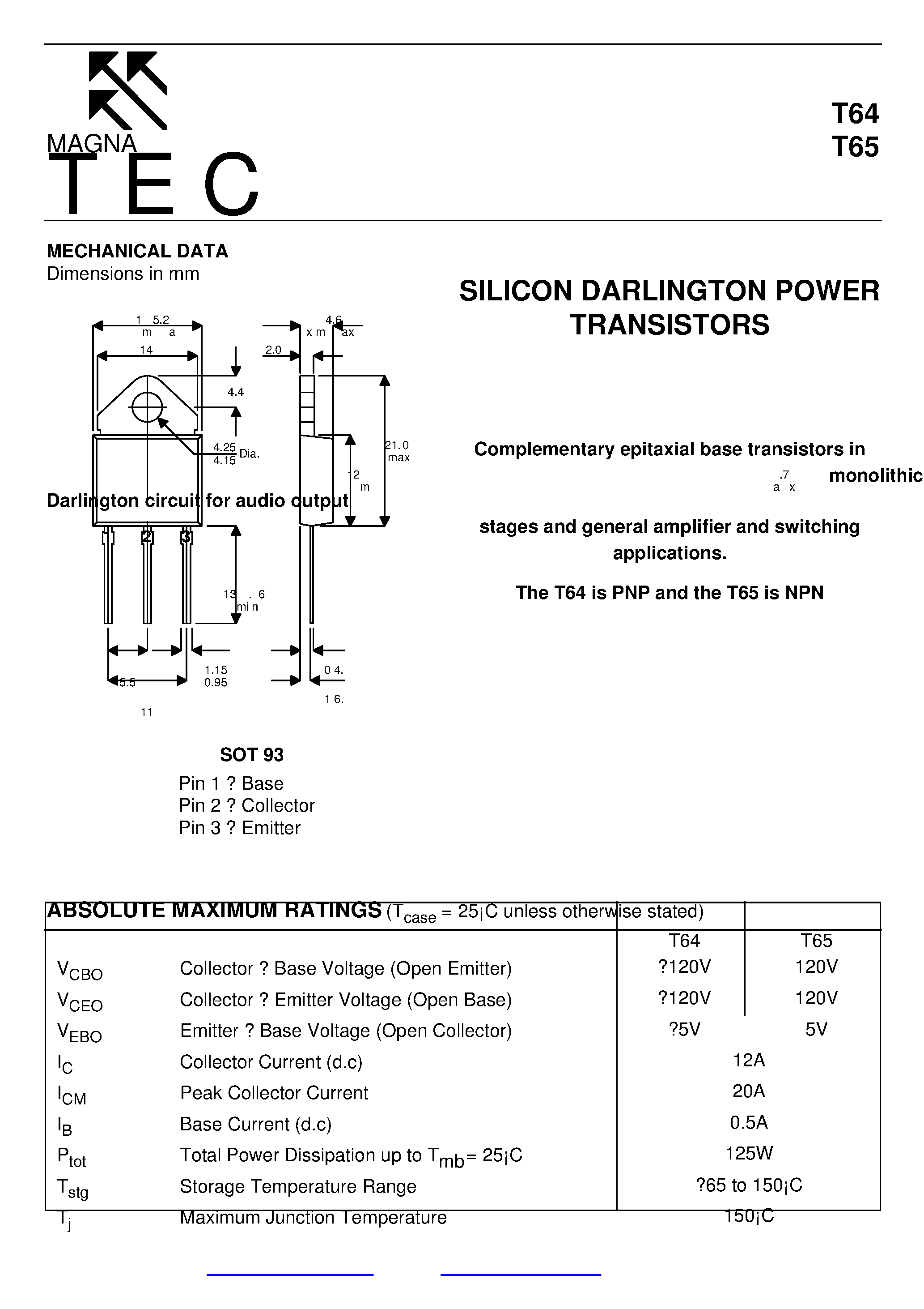 Datasheet T64 page 1 Datasheet T64 - Silicon Darlington Power Transistors page 1