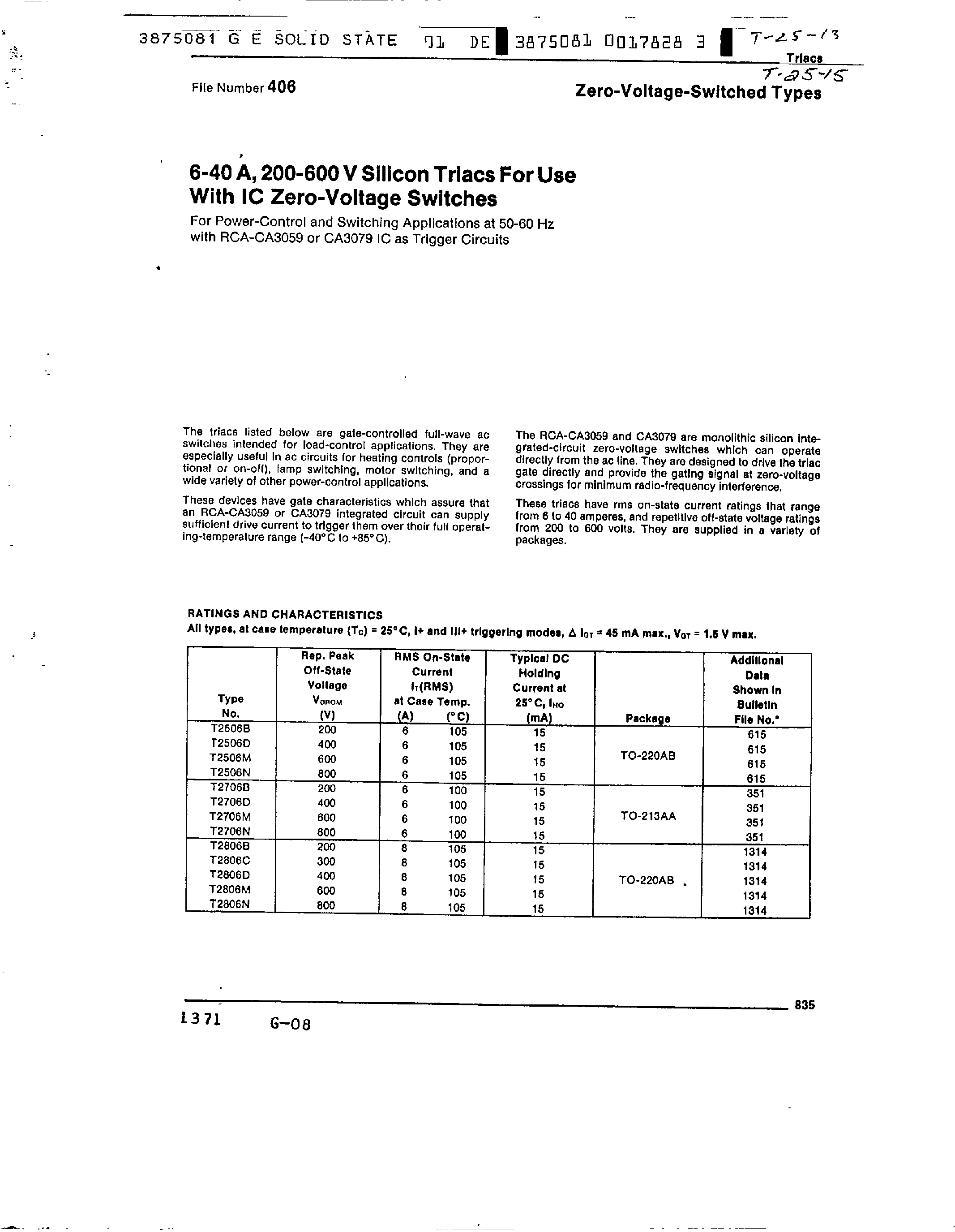 Datasheet T6407 - Silicon Triace for Use with IC Zero-Voltage Switches page 1