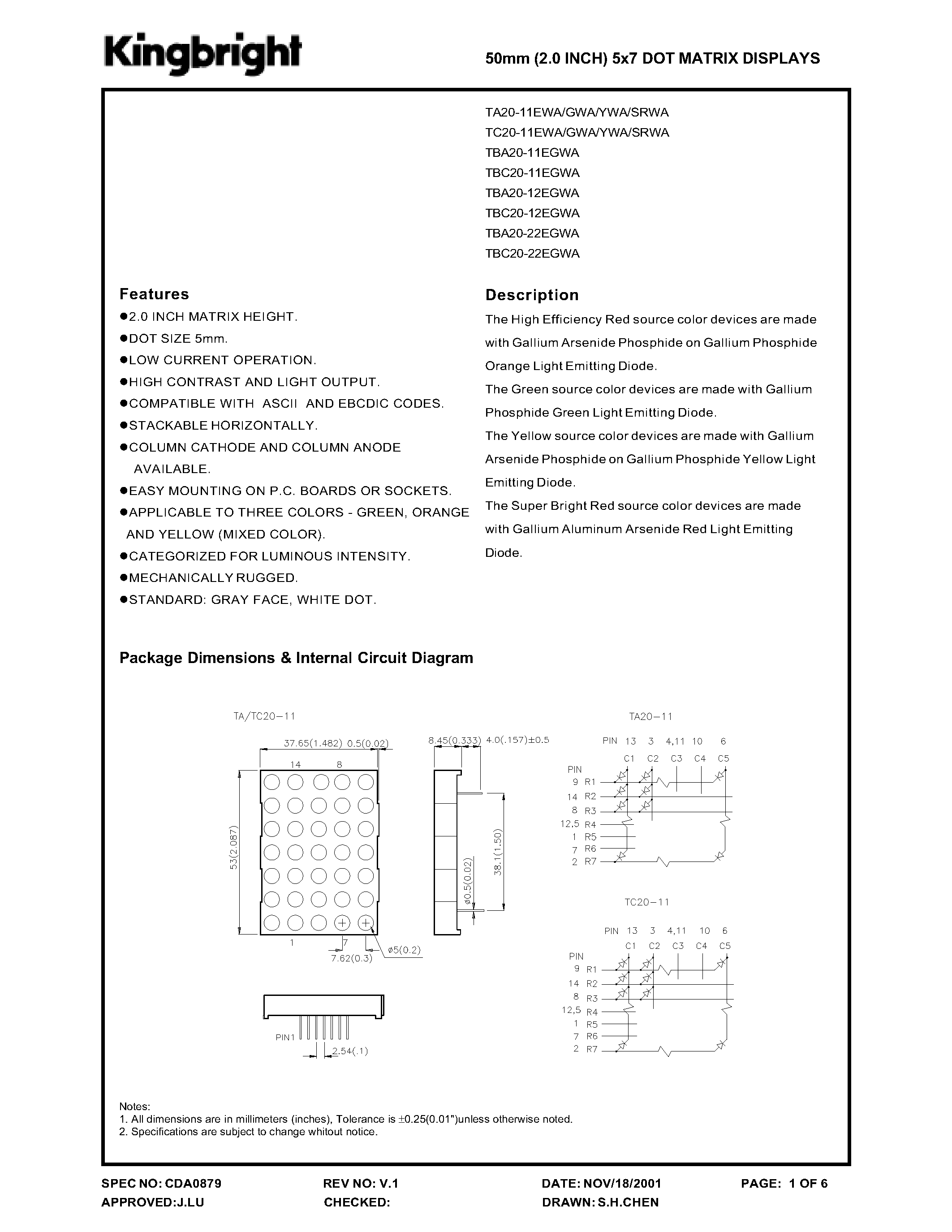 Datasheet TC20-11 - 50MM (2.0 INCH) 5 X 7 DOT MATRIX DISPLAYS page 1