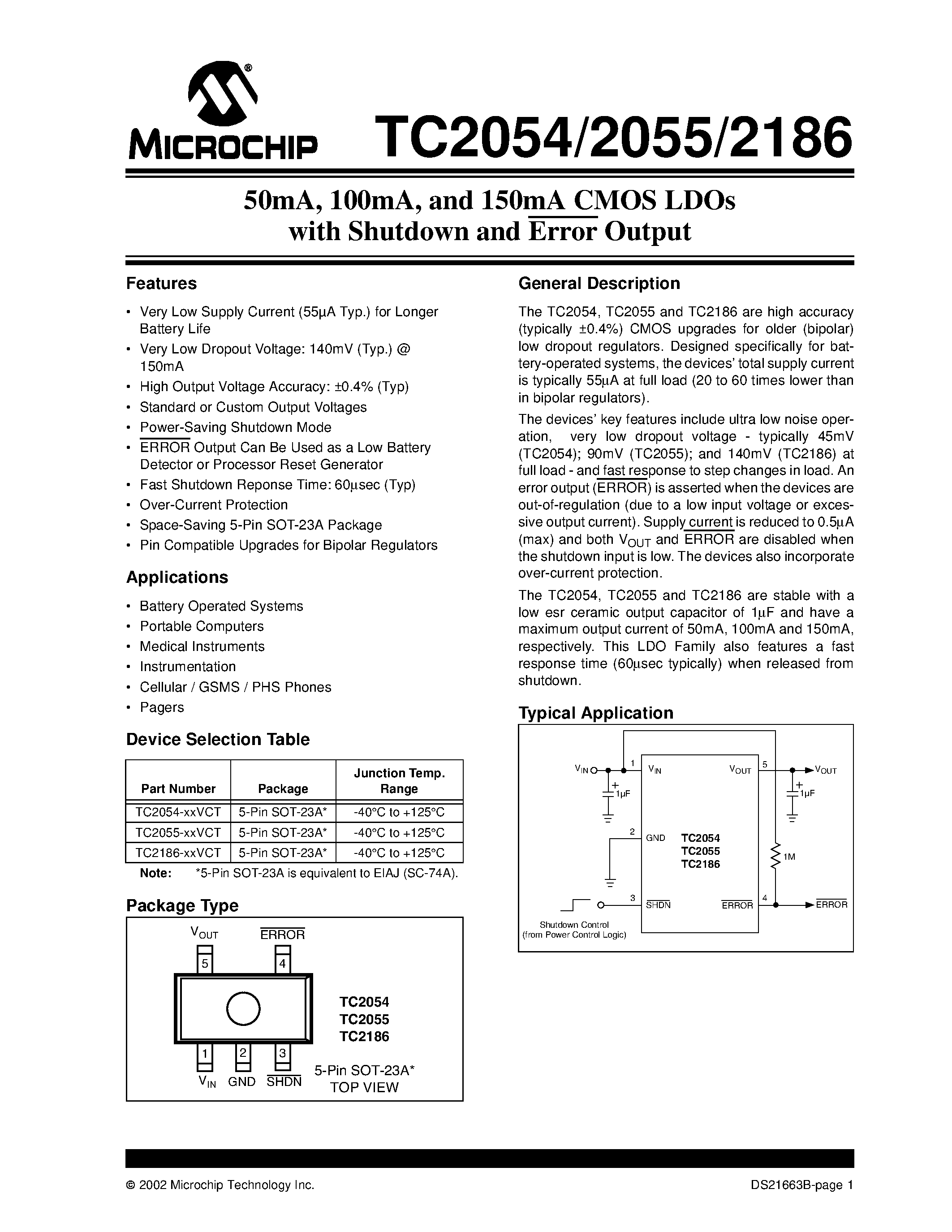 Даташит TC2054 - 50mA / 100mA / and 150mA CMOS LDOs with Shutdown and Error Output страница 1