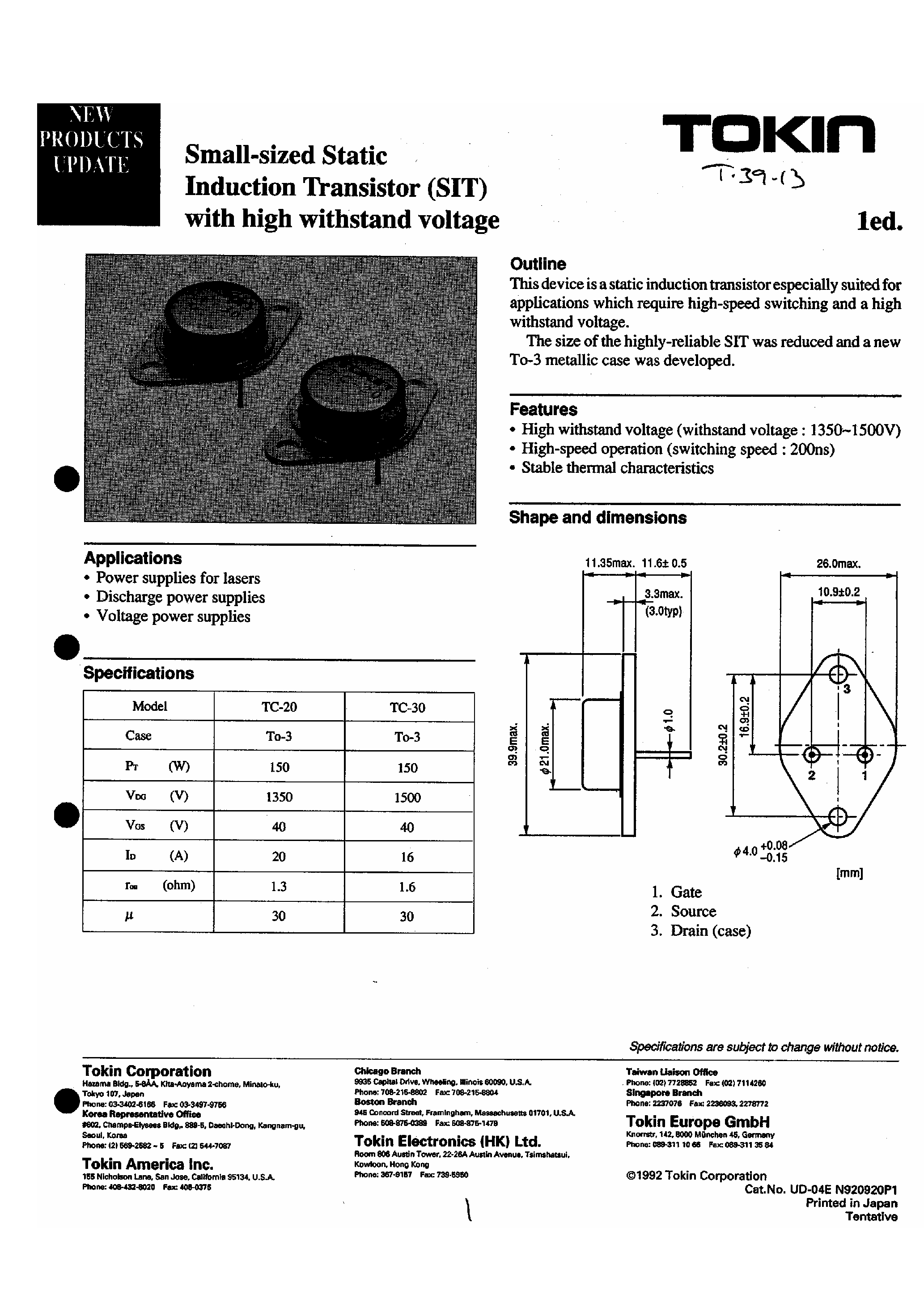 Datasheet TC20 - Small Induction Transistor (SIT) page 1