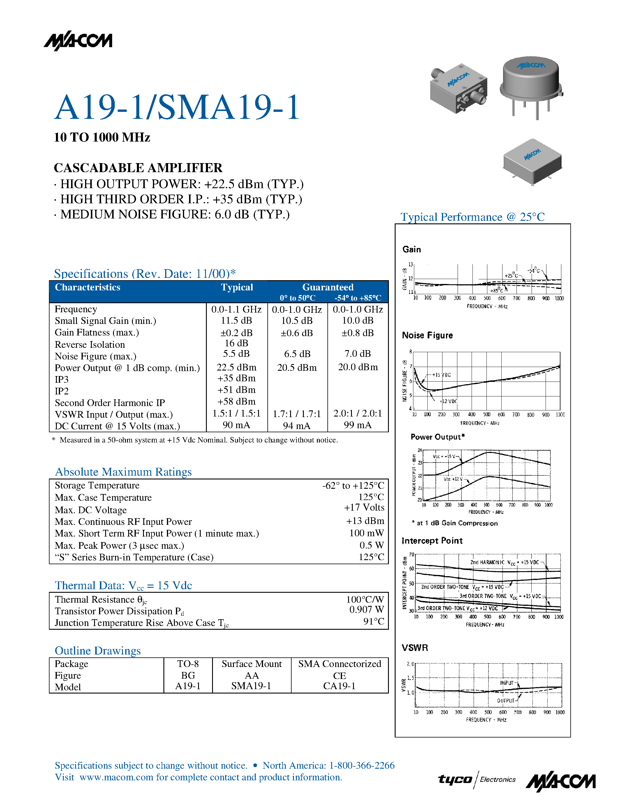 Даташит A19-1 - 10 TO 1000 MHz CASCADABLE AMPLIFIER страница 1