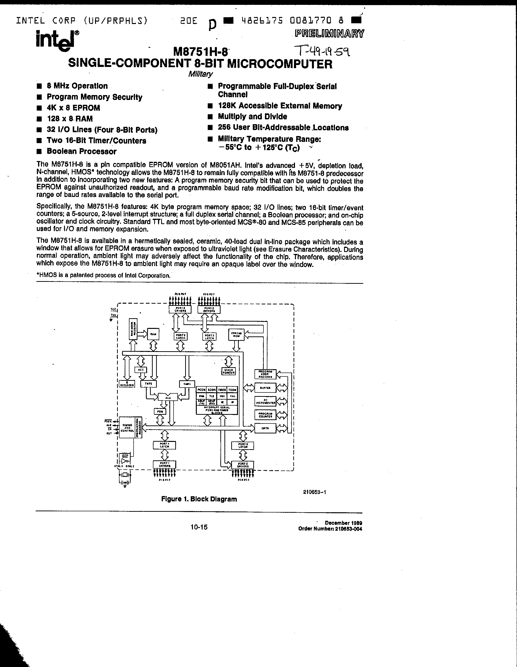 Datasheet MD8751H-8 - Single-Component 8 Bit Microcomputer page 1