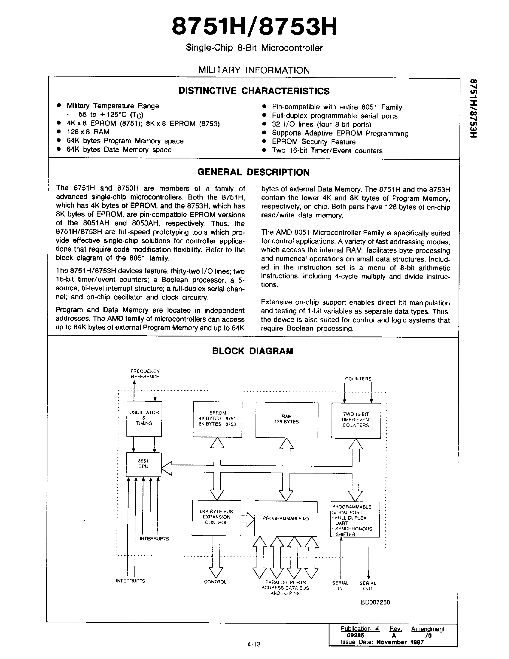 Datasheet MD8751H page 1 Datasheet MD8751H - Single-Chip 8 Bit Microcontroller page 1