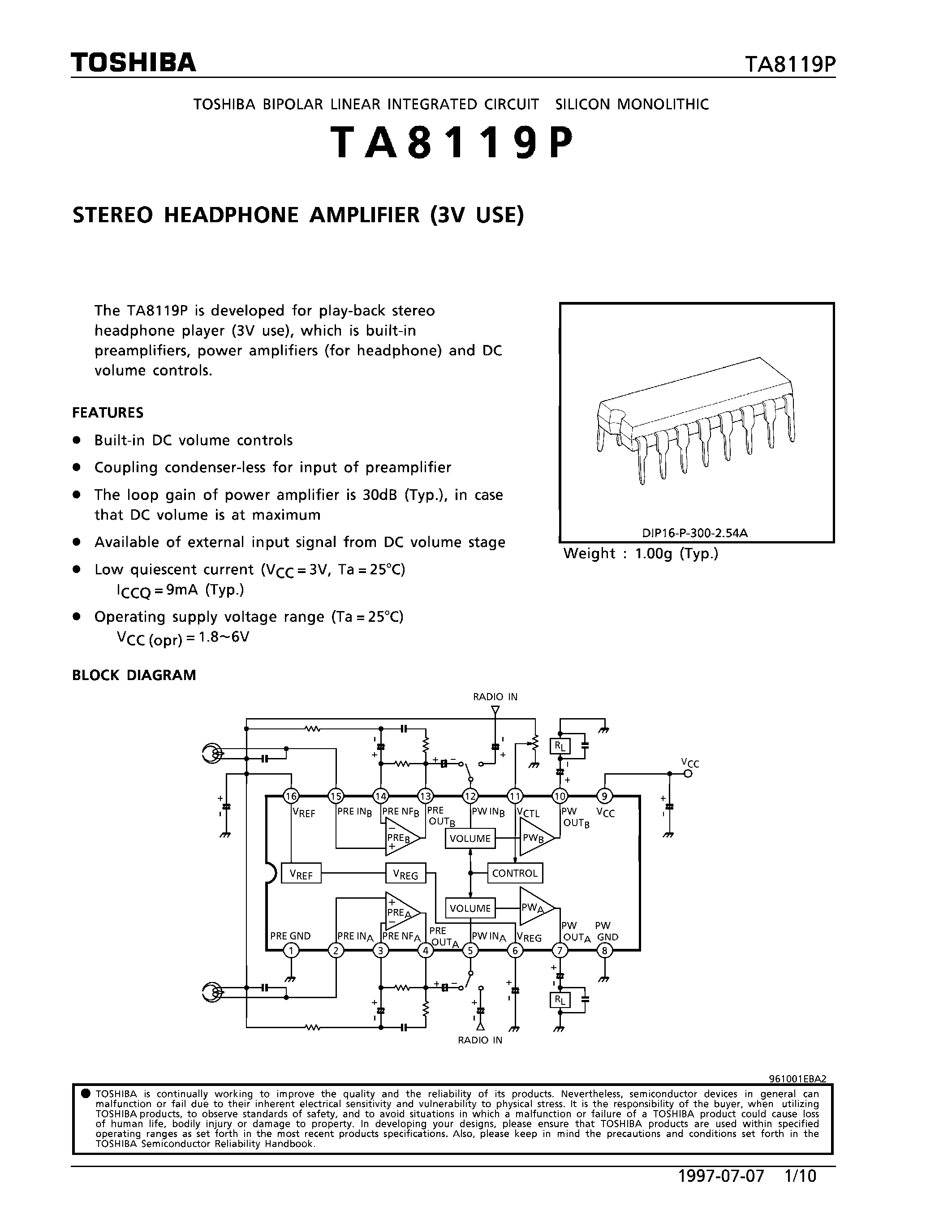 Даташит TA8119P - STEREO HEADPHONE AMPLIFIER (3V USE) страница 1