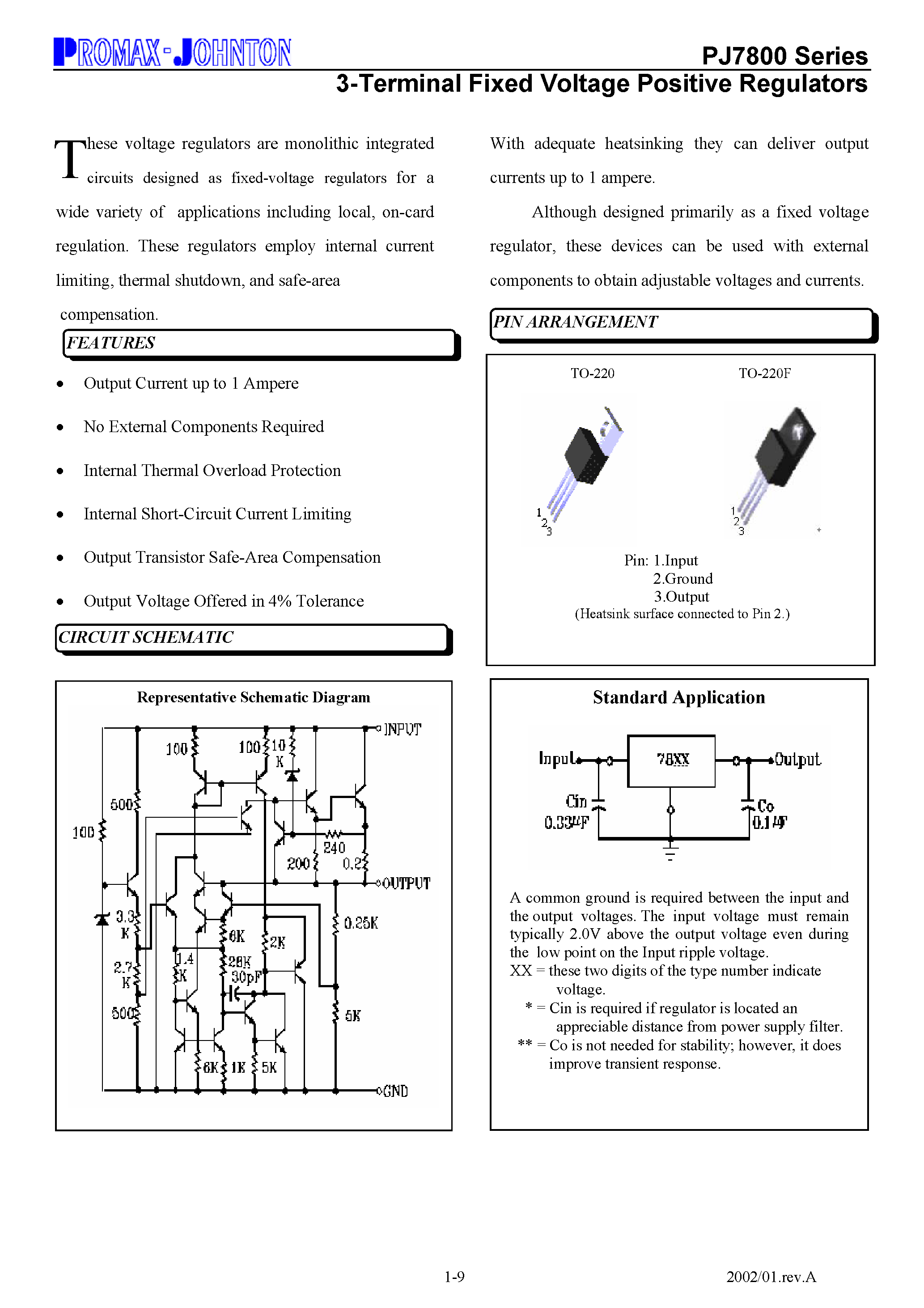 Datasheet PJ7800 - 3-Terminal Fixed Voltage Positive Regulators page 1