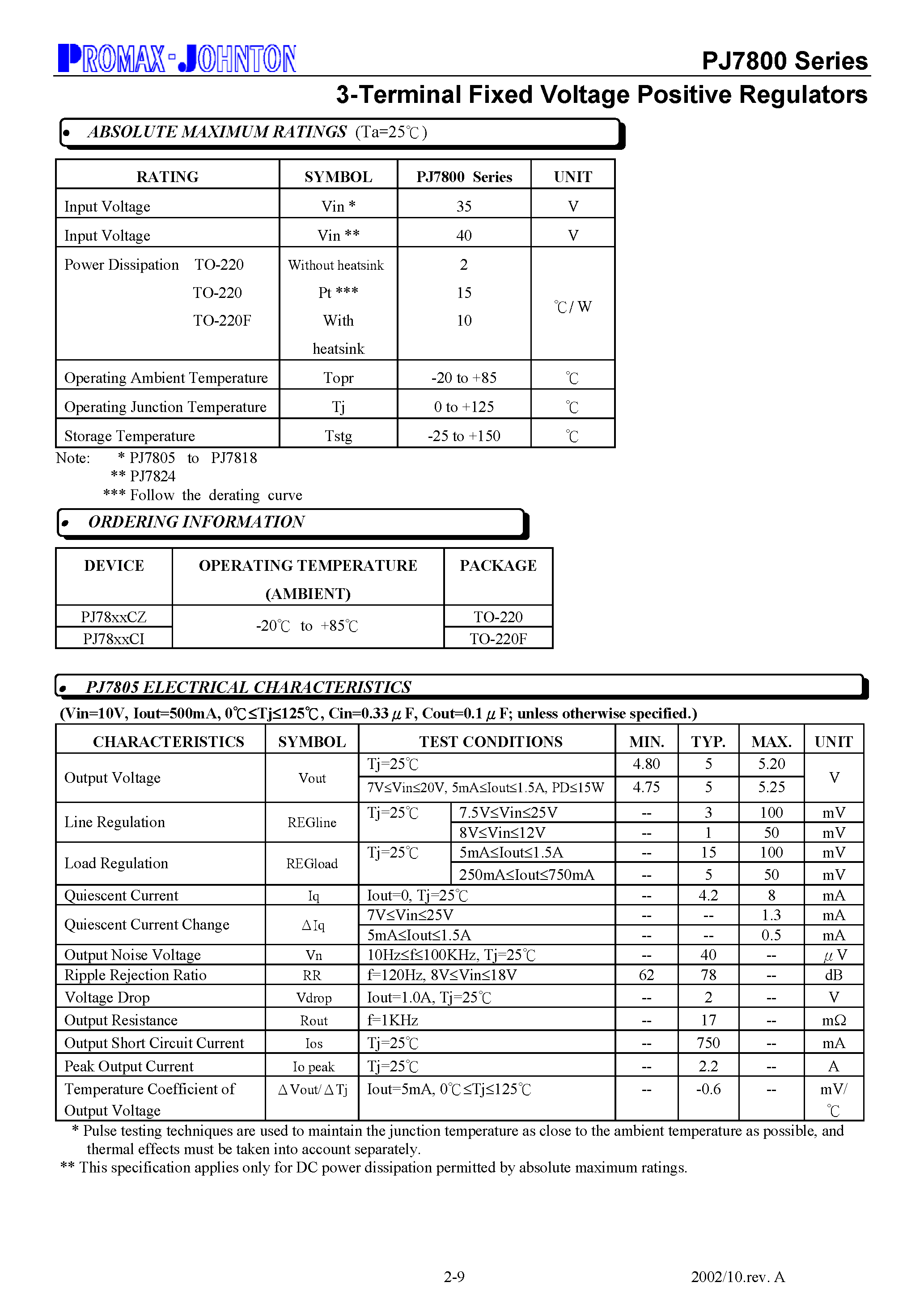 Datasheet PJ7800 - 3-Terminal Fixed Voltage Positive Regulators page 2