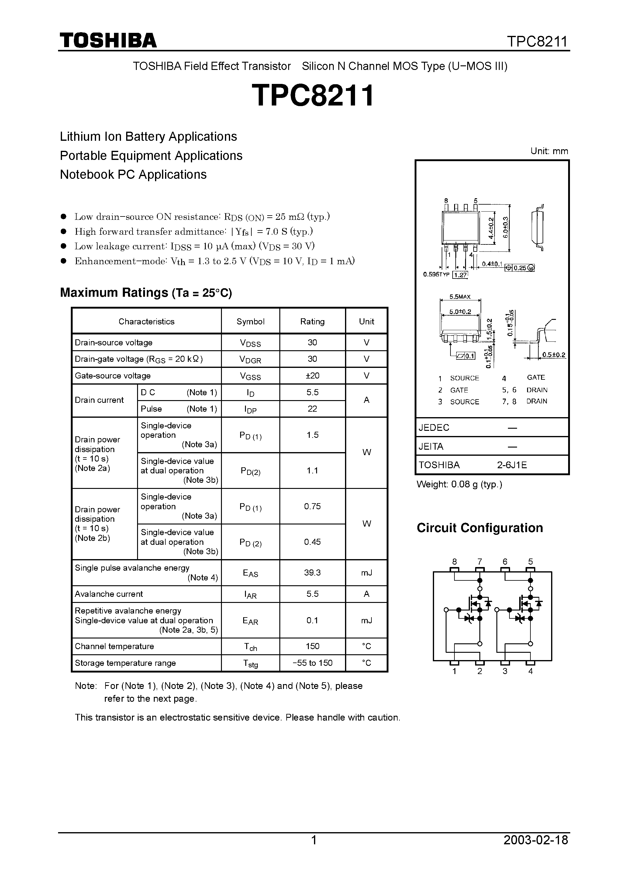 Datasheet TPC8211 - Field Effect Transistor Silicon N Channel MOS Type page 1