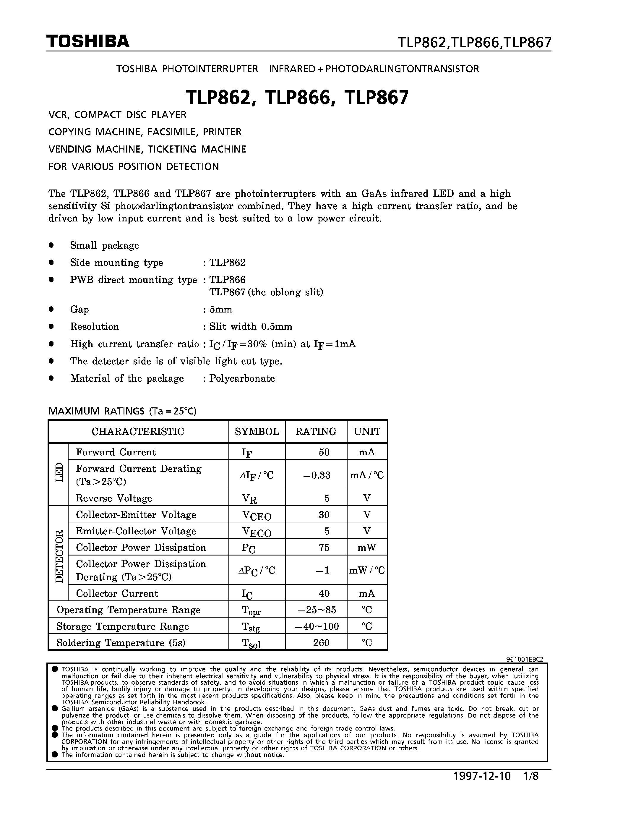 Datasheet TLP867 - PHOTOINTERRUPTER INFRARED page 1