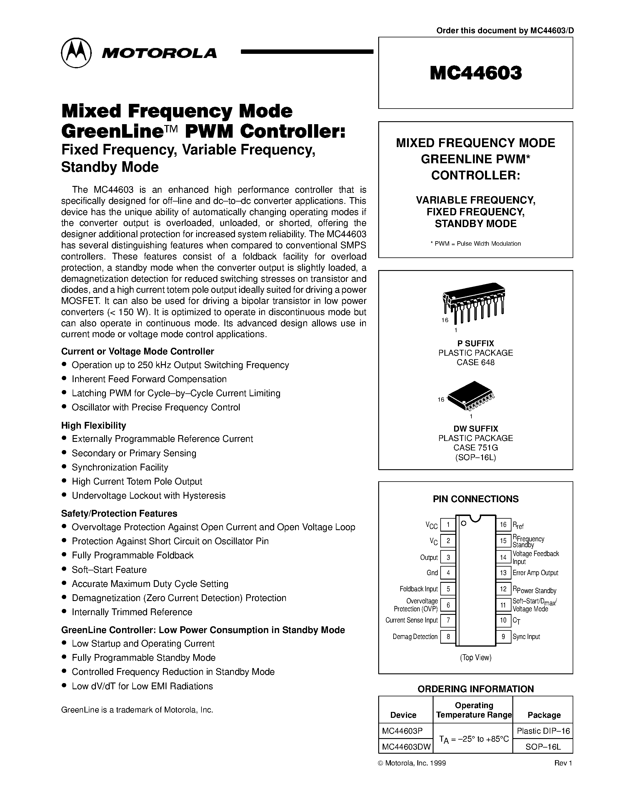 Datasheet MC44603 page 1 Datasheet MC44603 - MIXED FREQUENCY MODE GREENLINE PWM CONTROLLER page 1