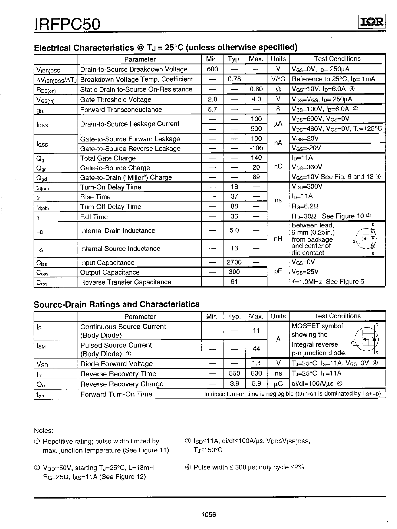 Datasheet IRFPC50 - Power MOSFET(Vdss=600V / Rds(on)=0.60ohm / Id=11A) page 2