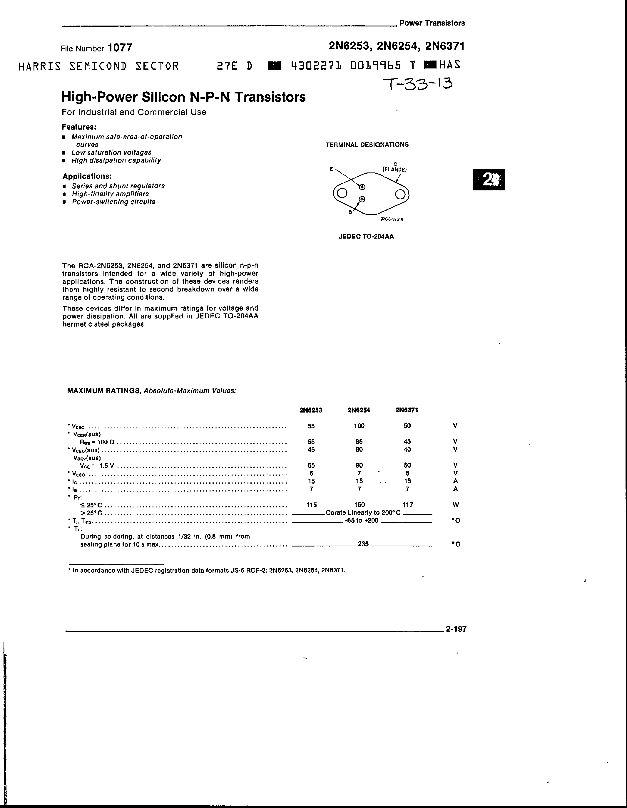 Даташит 2N6254 - High Power Silicon NPN Transistors страница 1