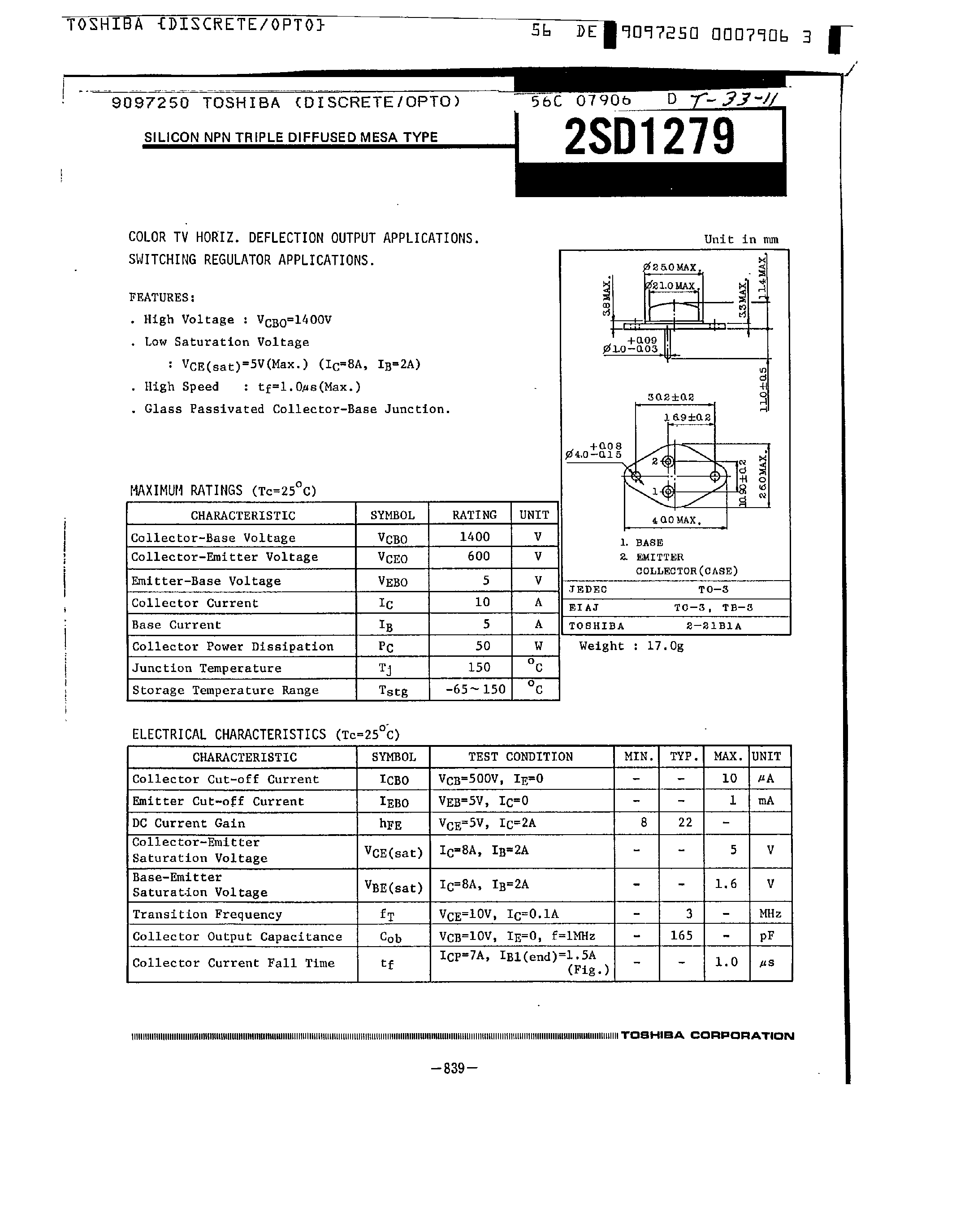Datasheet 2SD1279 - Silicon NPN Triple Diffused Type page 1