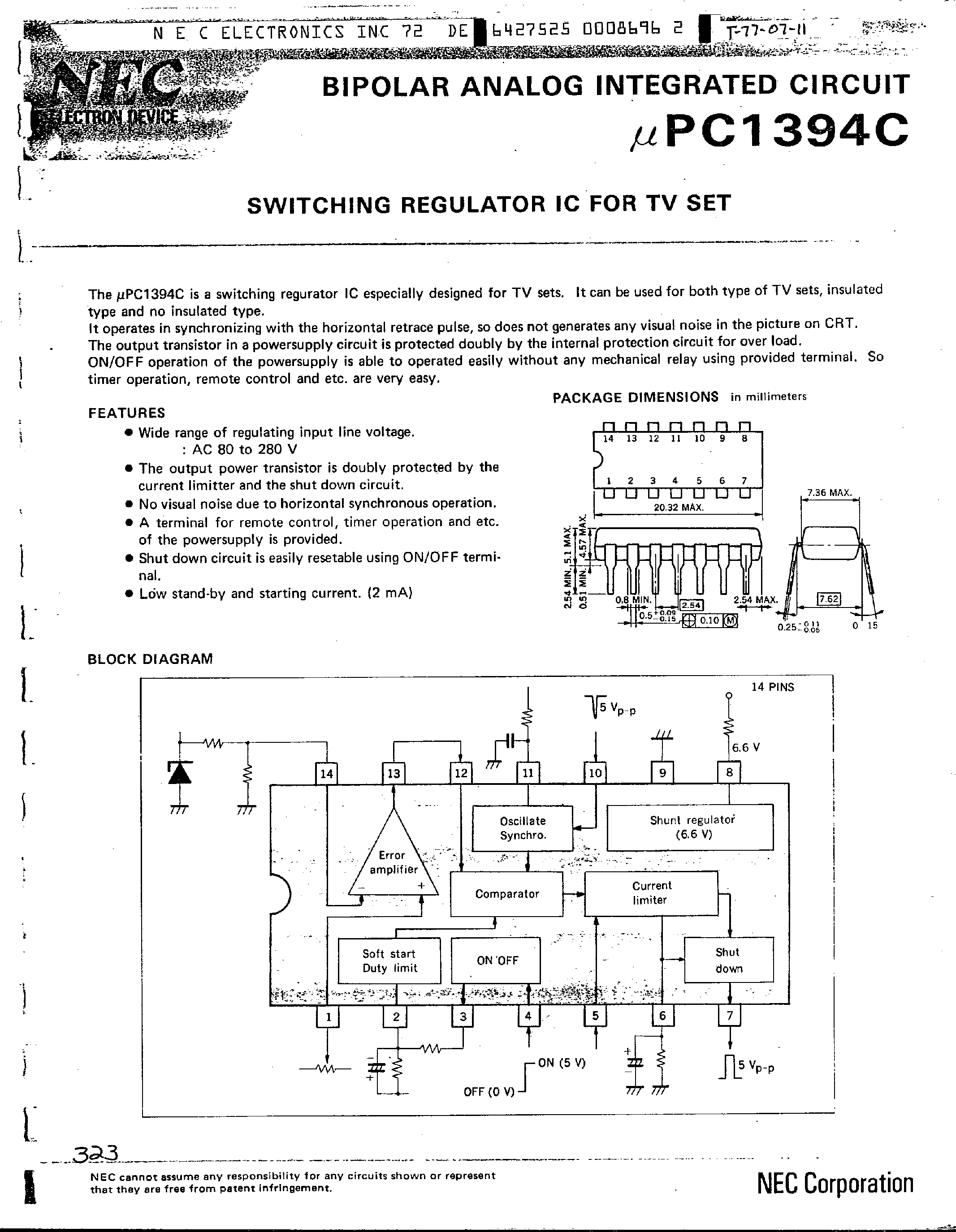 Datasheet UPC1394C page 1 Datasheet UPC1394C - Switching Regulator IC for TV Set page 1