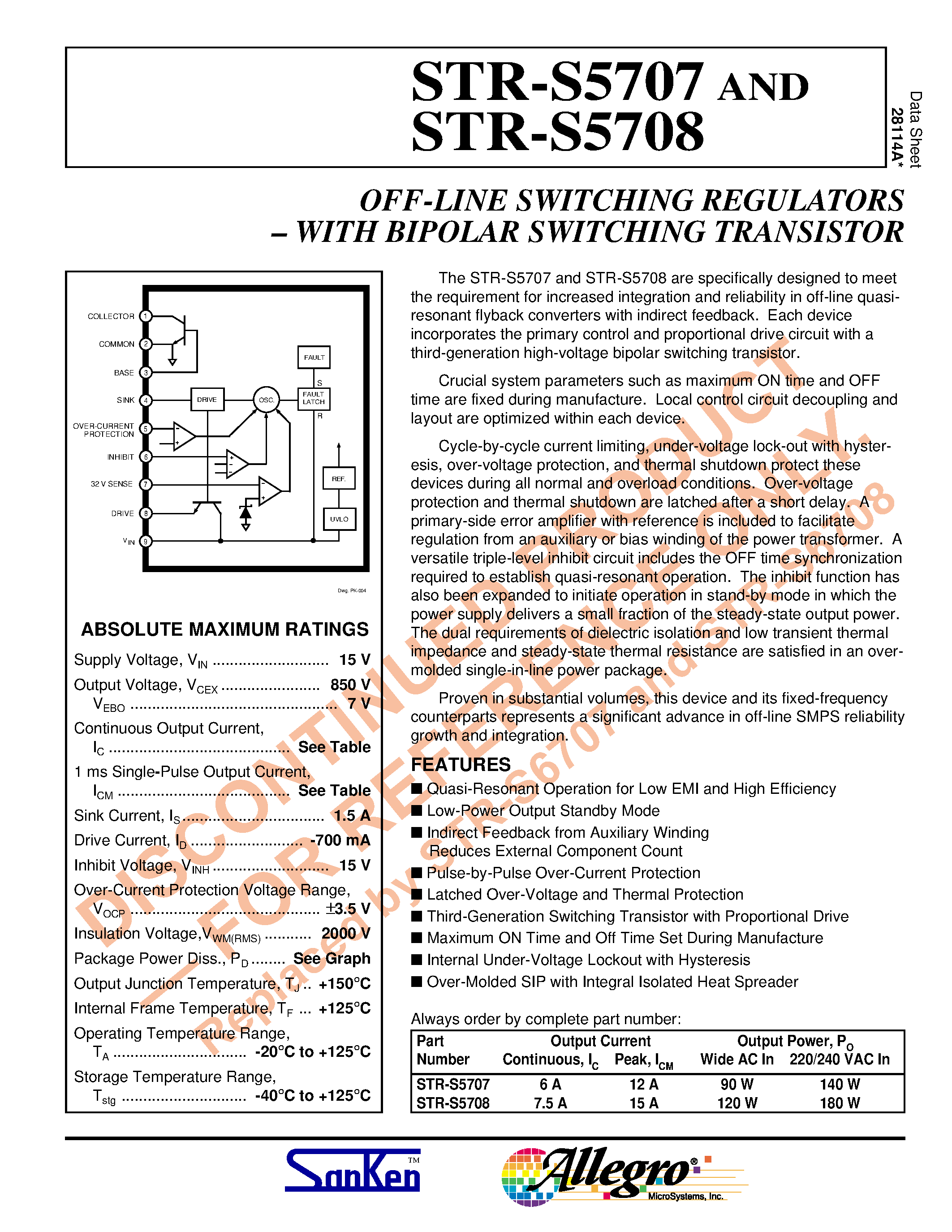 Даташит STR-S5708 - Off-Line Switching Regulators with Bipolar Switching Transistor страница 1