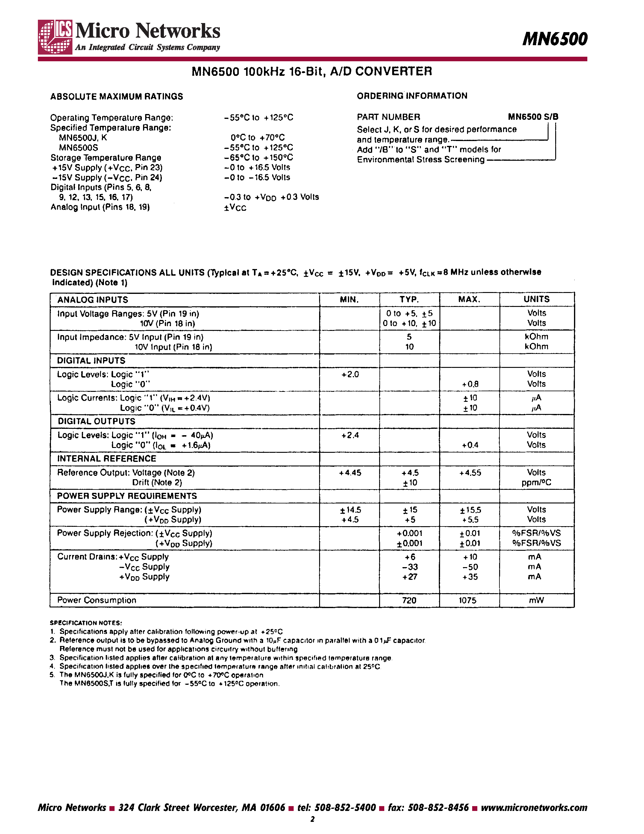 Даташит MN6500 - 16 Bit / 100 khz / Sampling A/D Converter страница 2