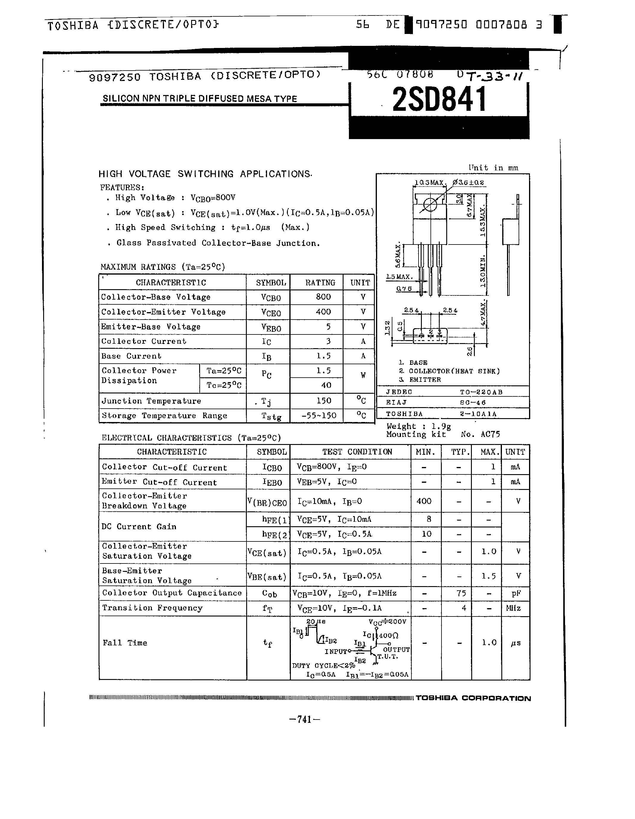 Даташит на микросхему 2SD841 страница 1 Даташит 2SD841 - High Voltage Switching / Silicon NPN Triple страница 1