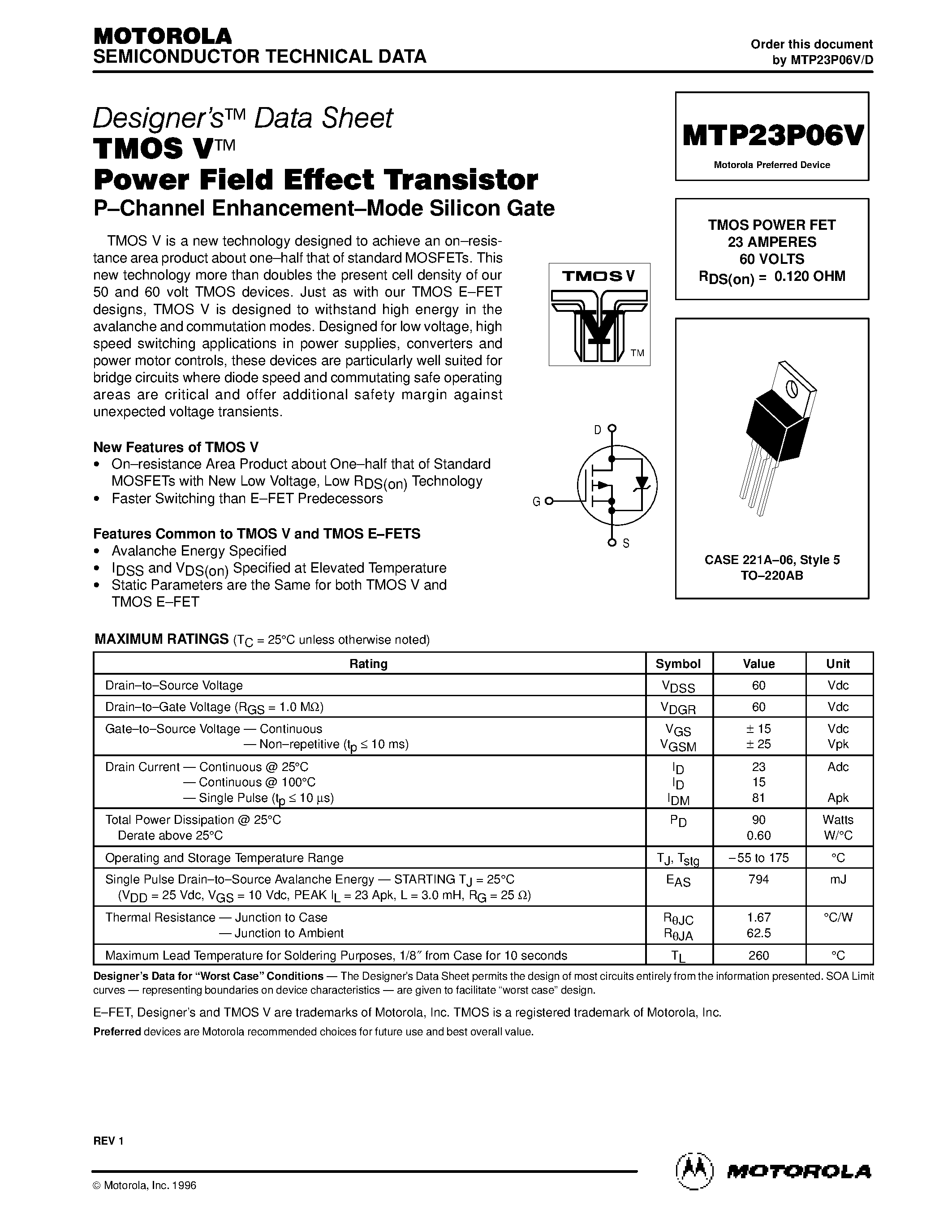 Datasheet MTP23P06V - TMOS POWER FET 23 AMPERES 60 VOLTS RDS(on) = 0.120 OHM page 1