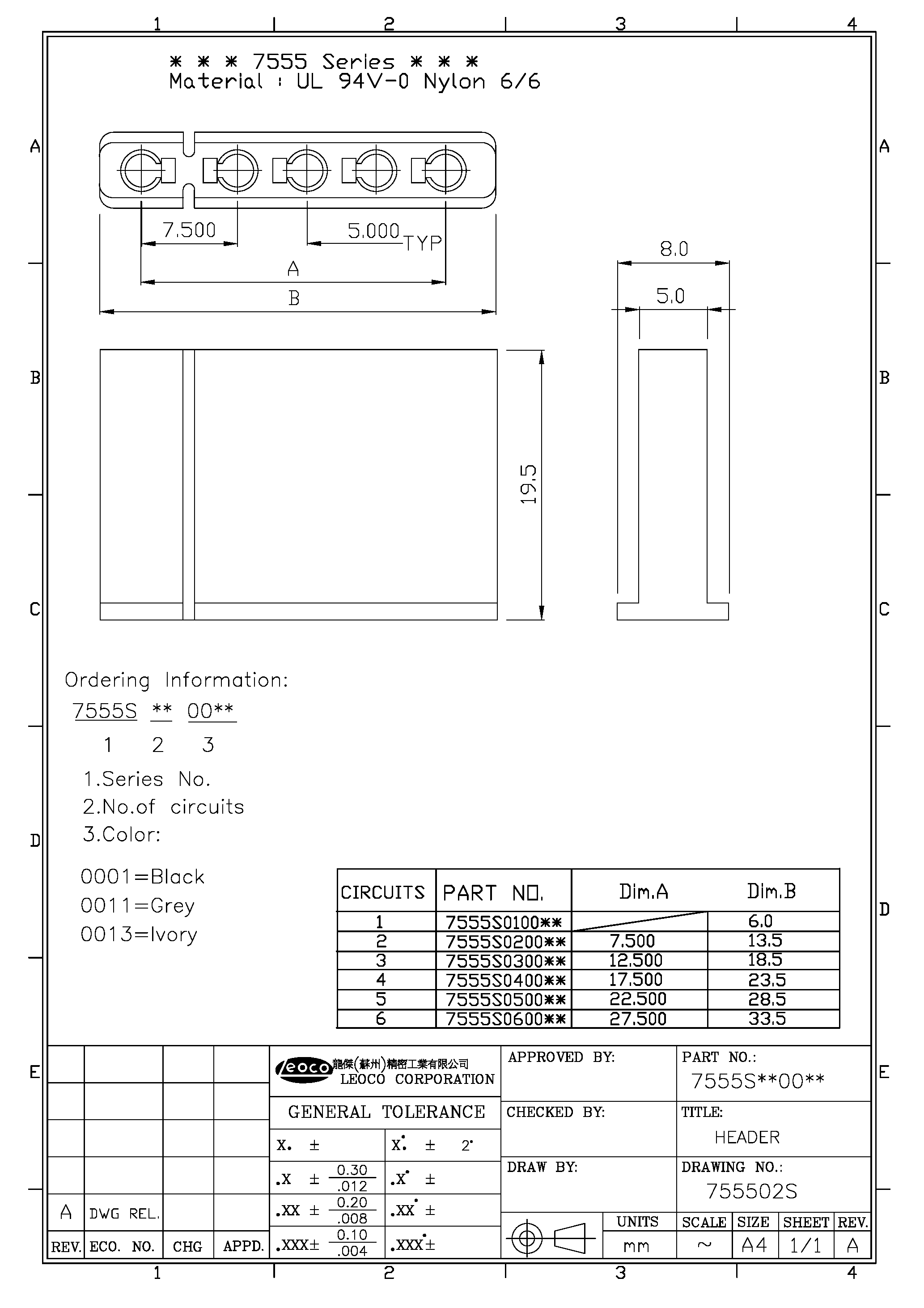 Даташит 7555 - UL 94V-0 Nylon 6/6 страница 1