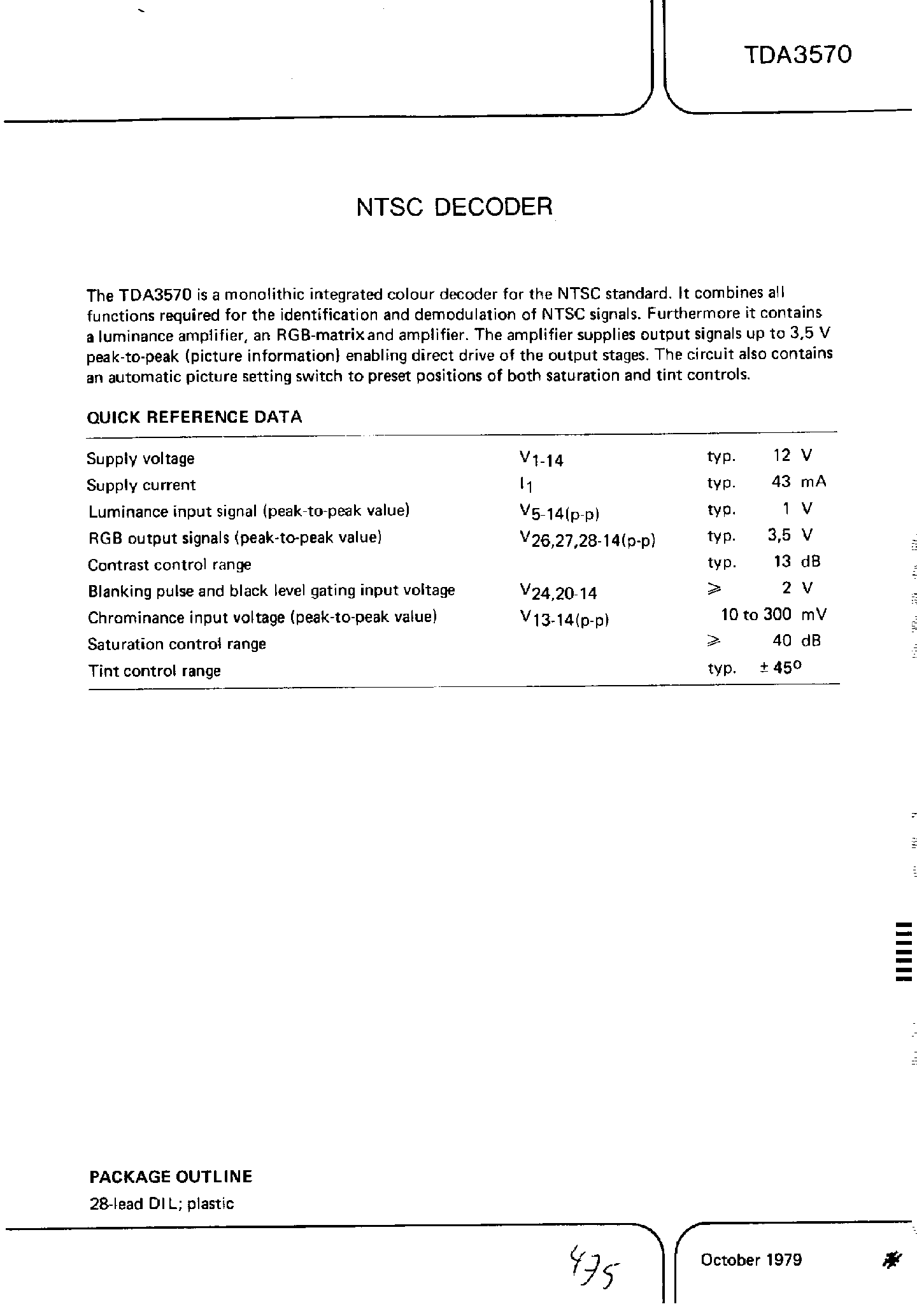 Datasheet TDA3570 - NTSC Decoder page 1