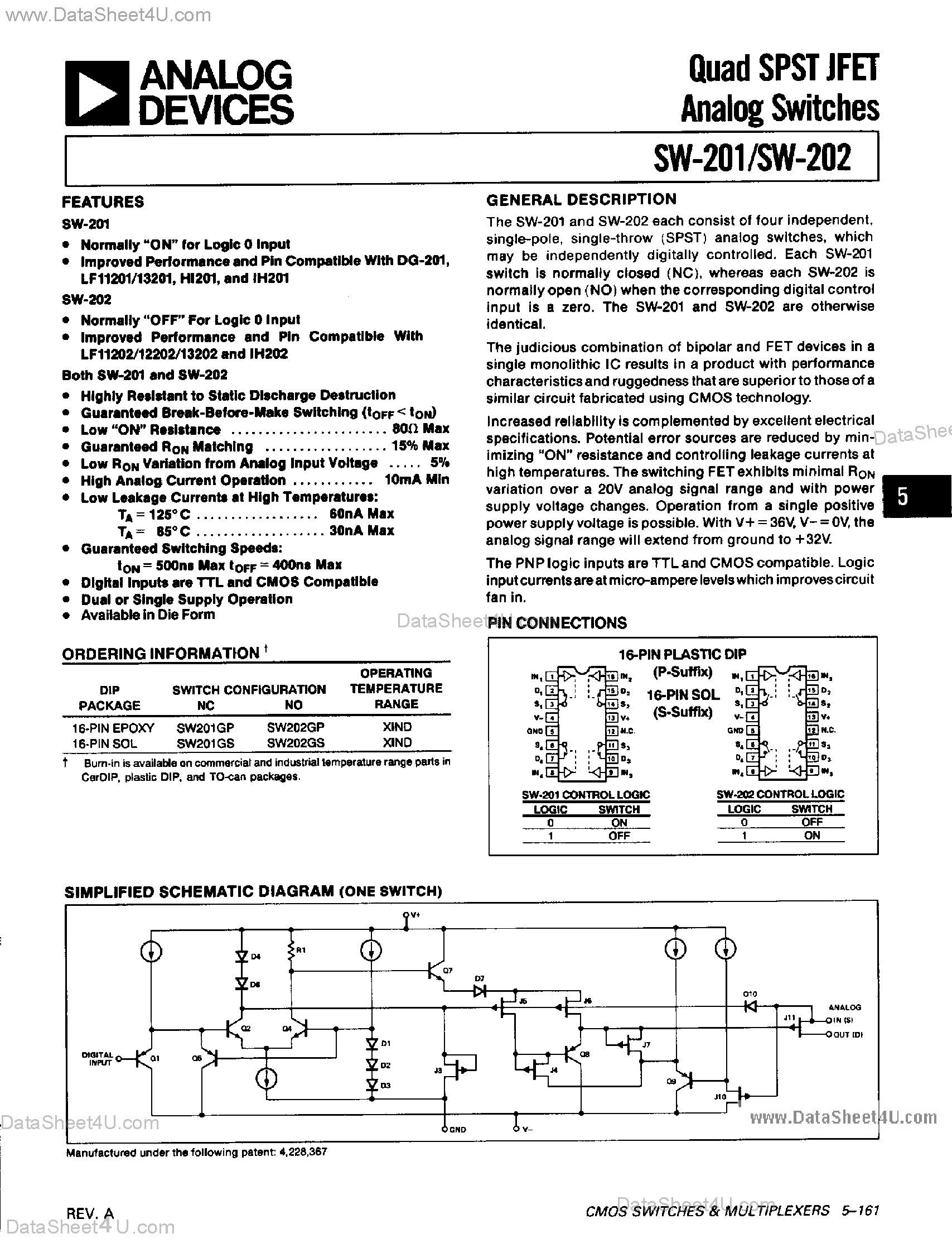 Даташит SW201 - Quad SPST JFET Analog Switches страница 1