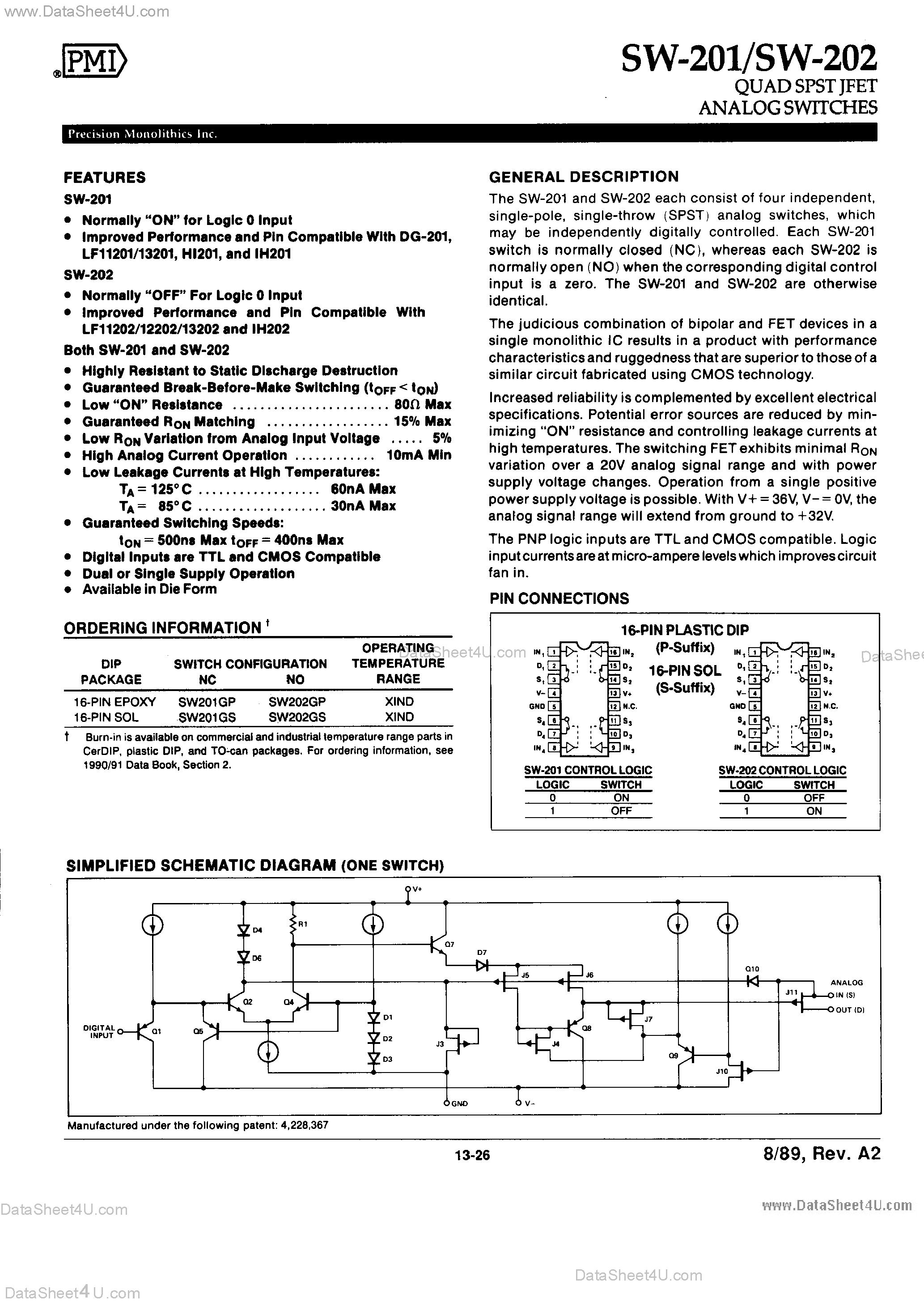 Даташит SW201 - Quad SPST JFET Analog Switches страница 1