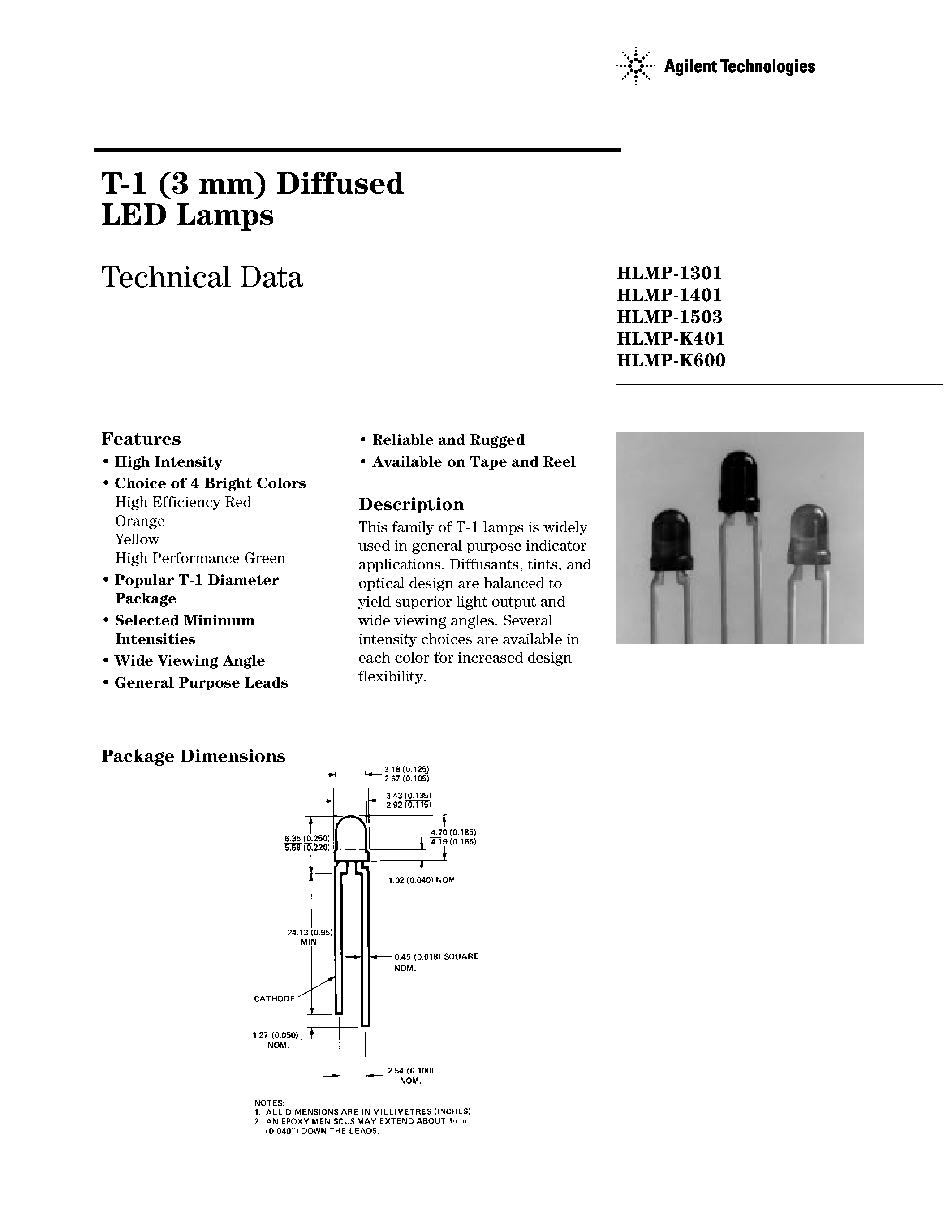 Даташит HLMP1301 - T-1 Diffused LED Lamps страница 1