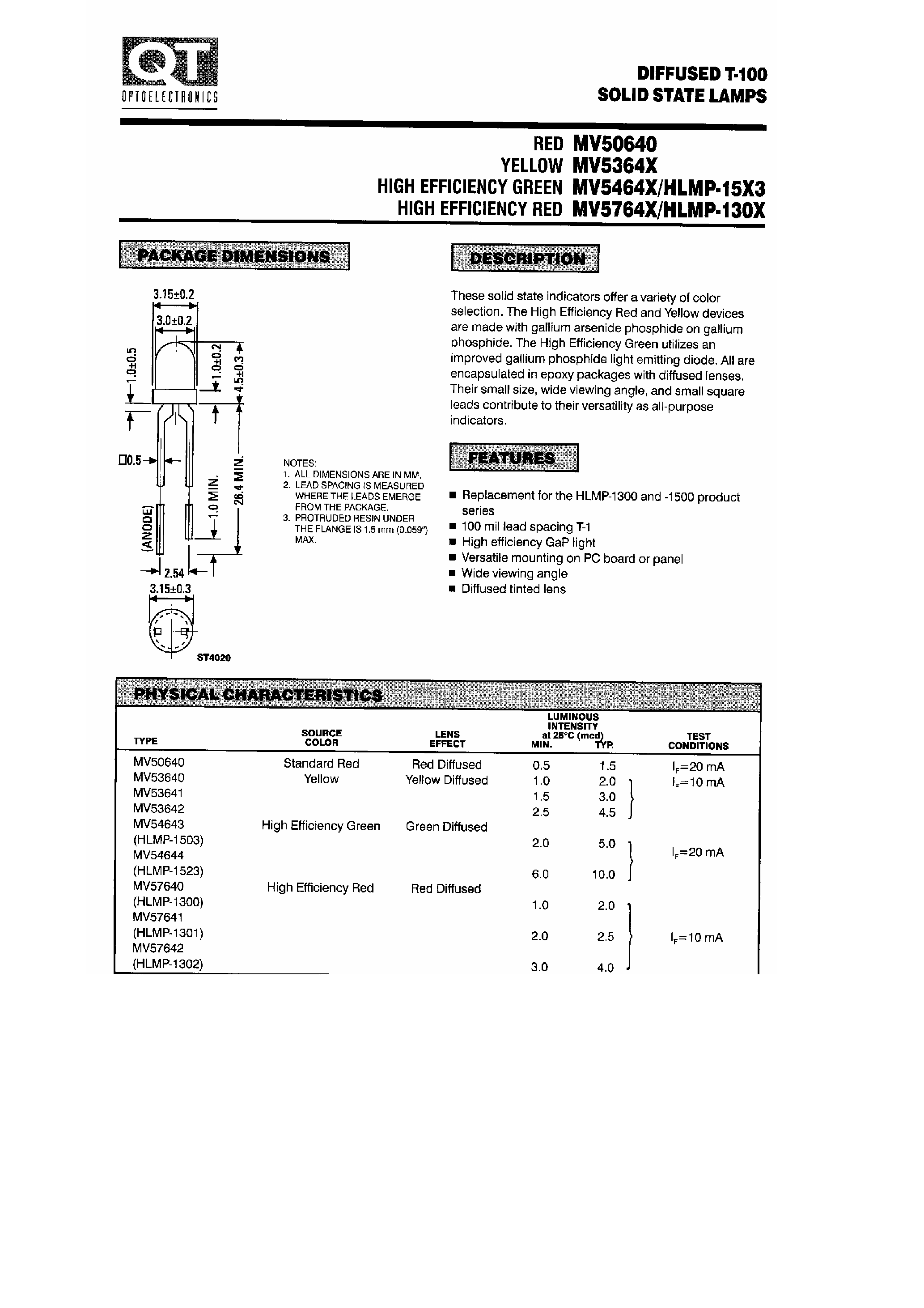 Datasheet HLMP1301 - Diffused T-100 Solid State Lamps page 1