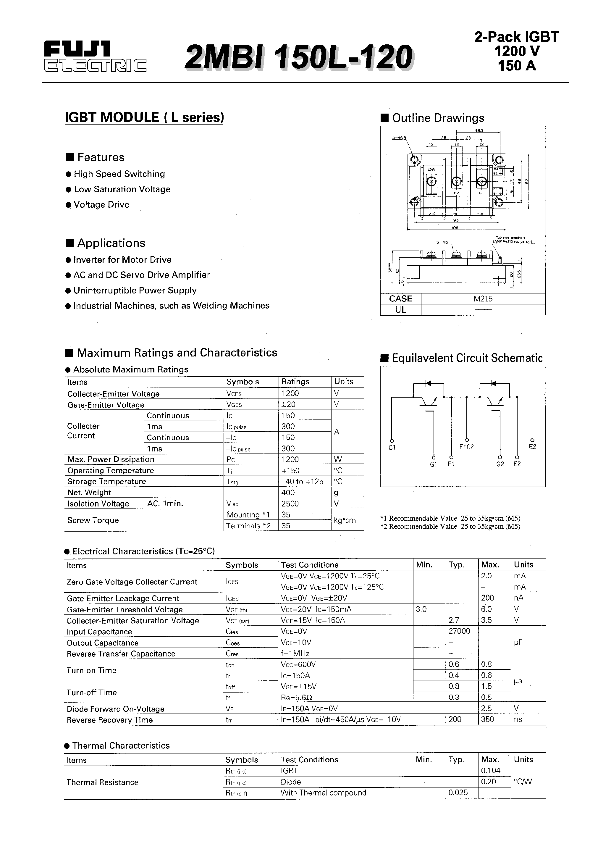 Datasheet 2MBI150L-120 page 1 Datasheet 2MBI150L-120 - IGBT MODULE(L series) page 1