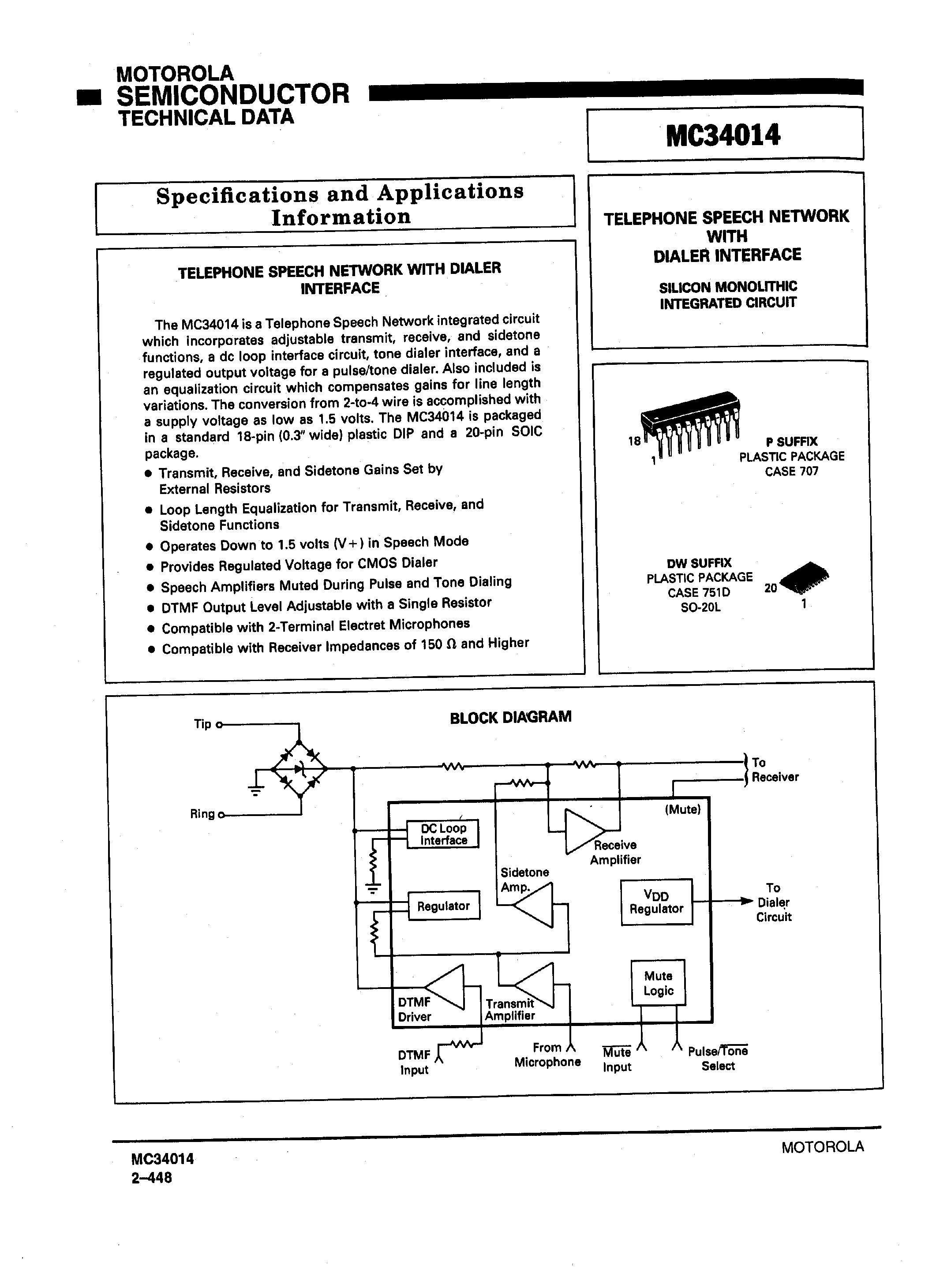Datasheet MC34014 page 1 Datasheet MC34014 - TELEPONE SPEECH NETWORK WITH DIALER INTERFACE page 1