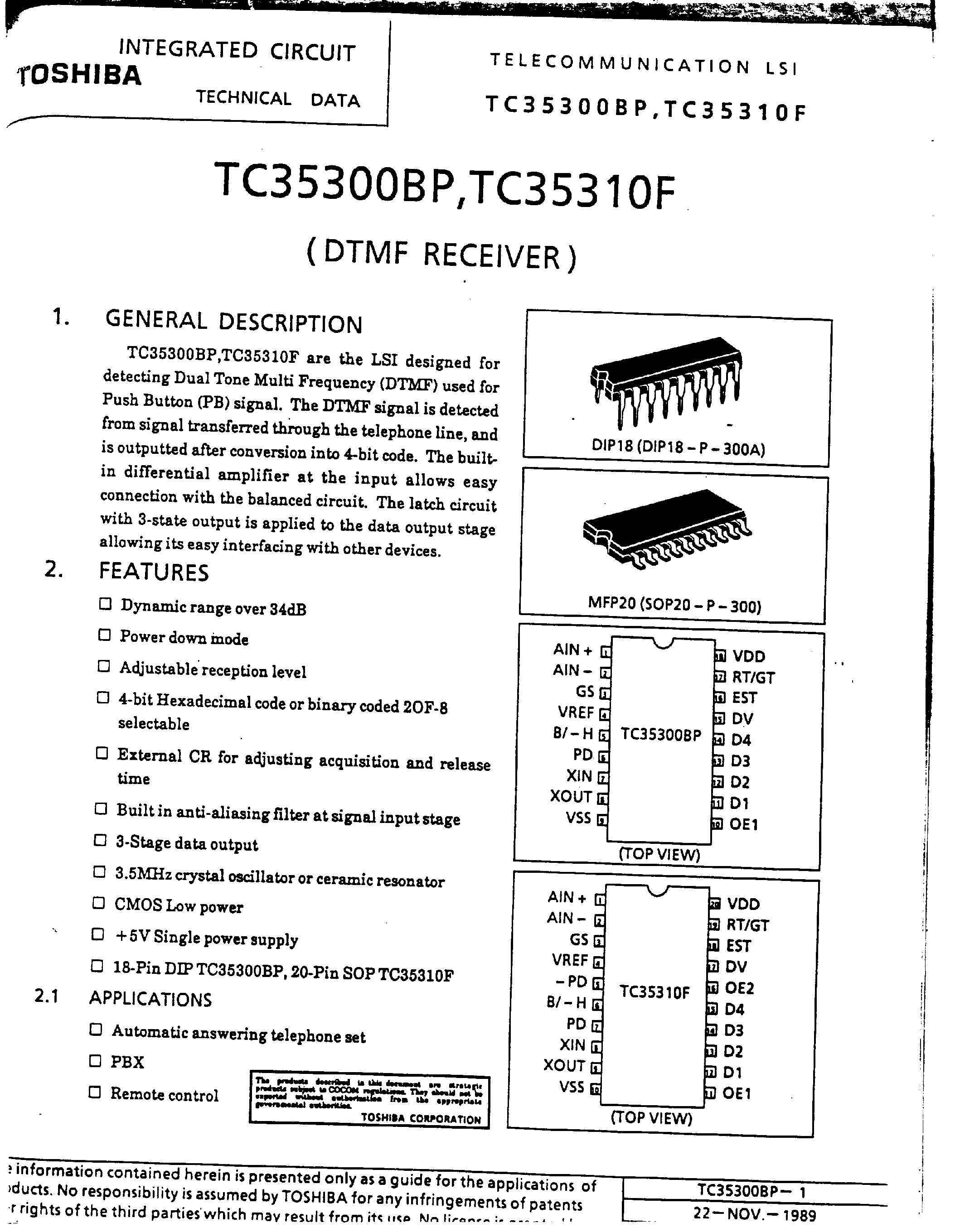 Datasheet TC35300BP page 1 Datasheet TC35300BP - DTMF Receiver page 1